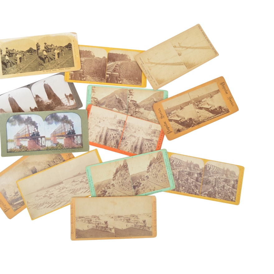 13 Early 20th Century Stereoscopic Cards with Western and Railway Themes