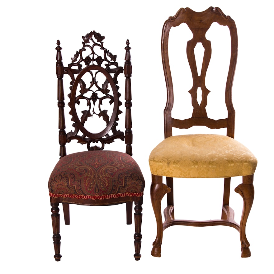 Victorian Mahogany Side Chair, Circa 1880, and Vintage Italian Walnut Side Chair