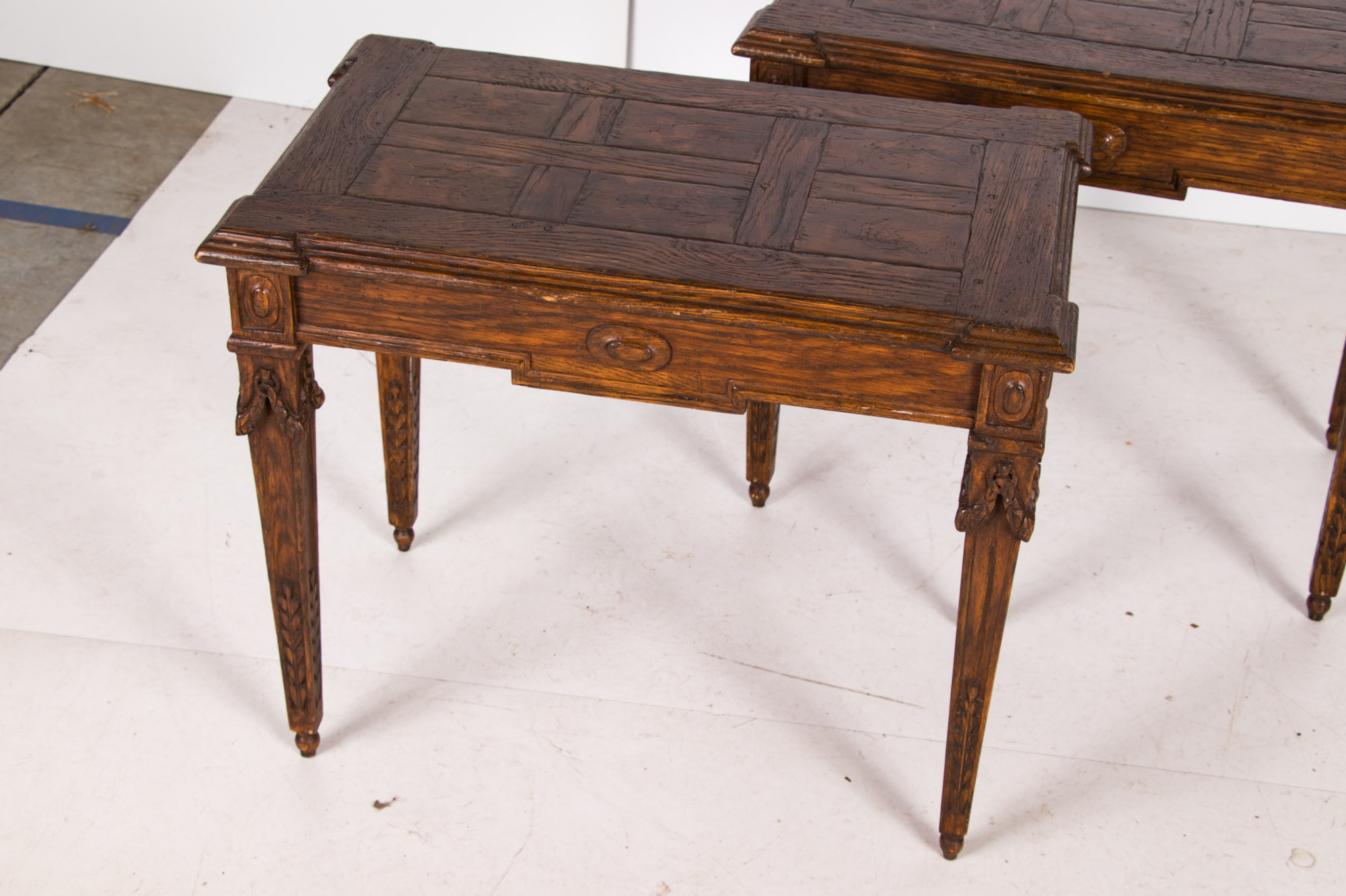 Pair of Neoclassical Style Carved Oak Provincial Side Tables, 20th Century