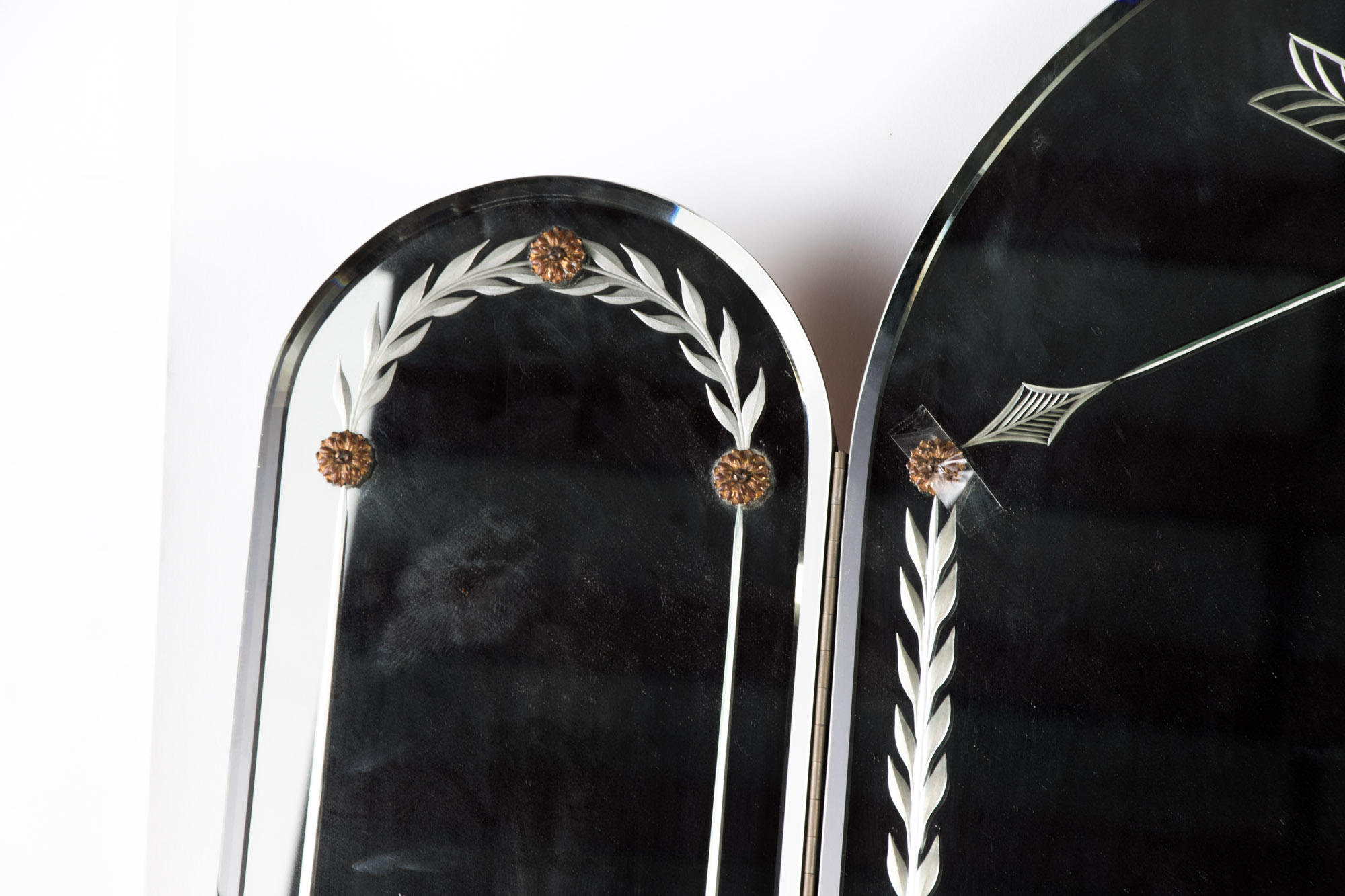 Art Deco Etched Glass Three Section Vanity Mirror, Circa 1940