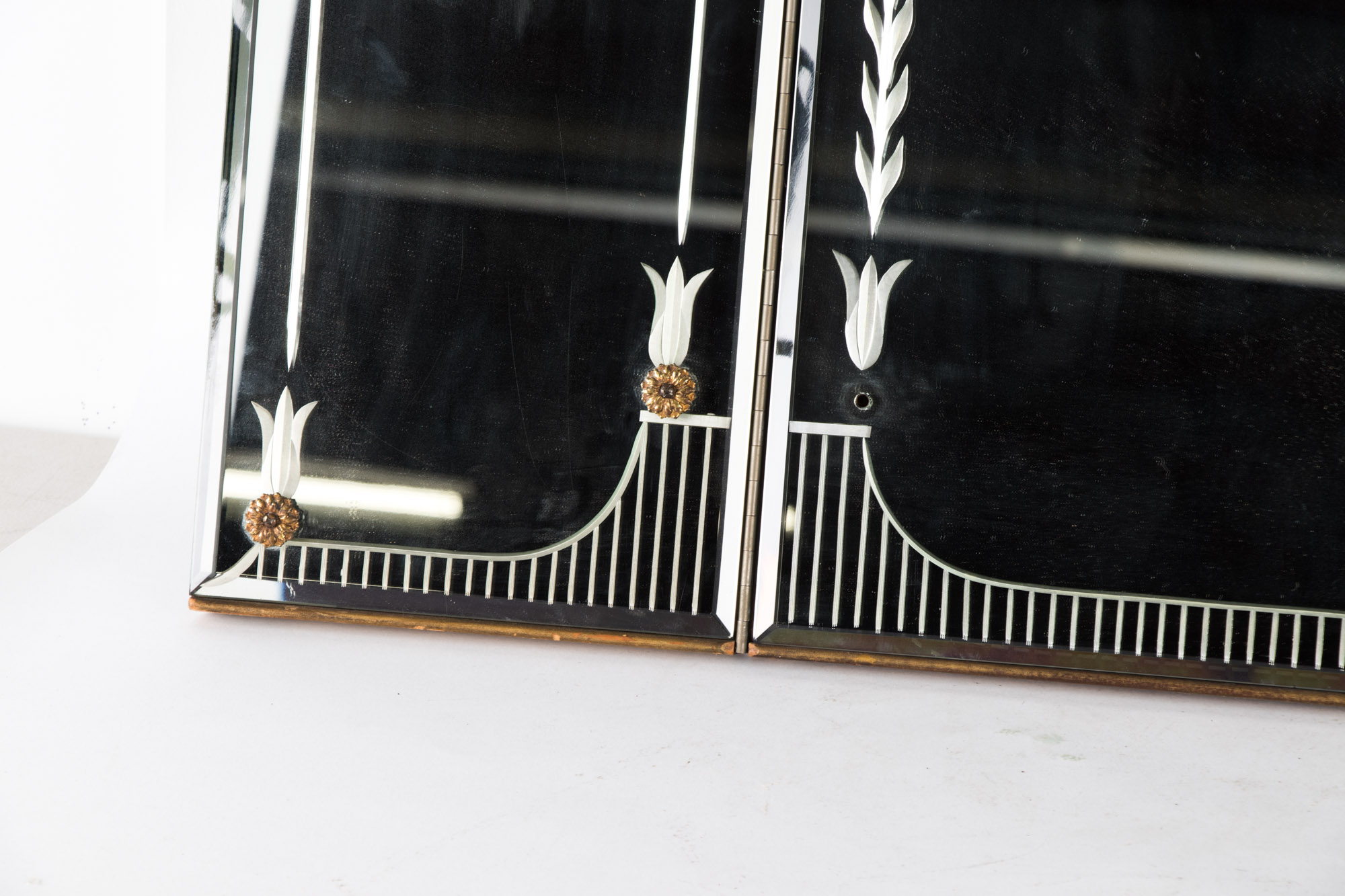 Art Deco Etched Glass Three Section Vanity Mirror, Circa 1940