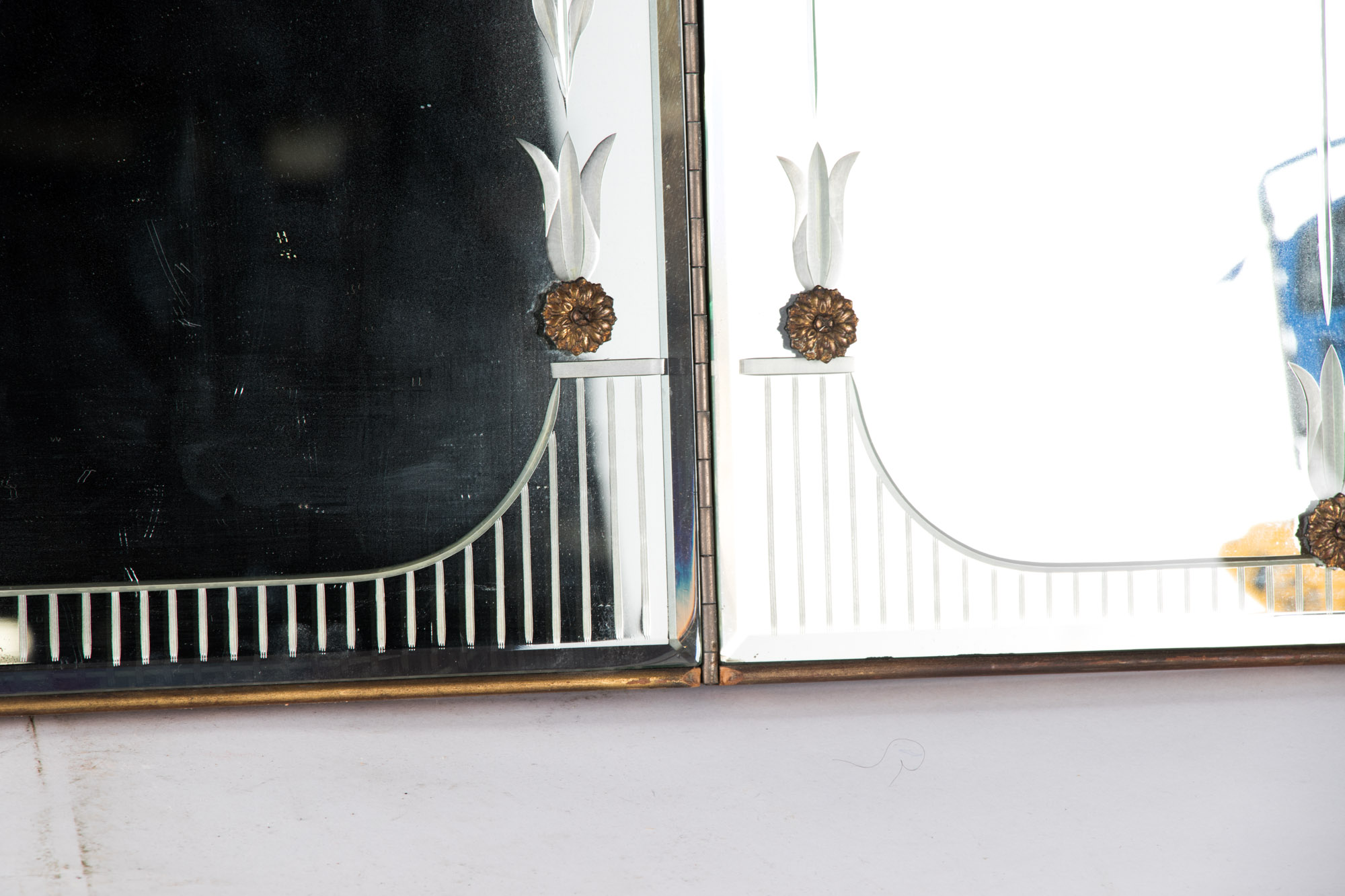 Art Deco Etched Glass Three Section Vanity Mirror, Circa 1940