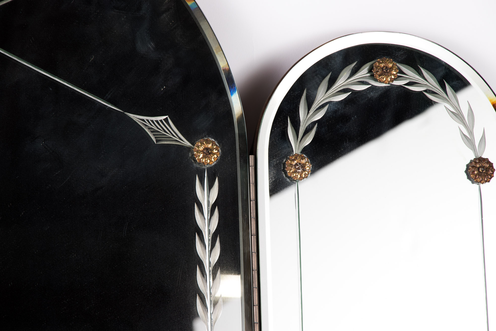 Art Deco Etched Glass Three Section Vanity Mirror, Circa 1940