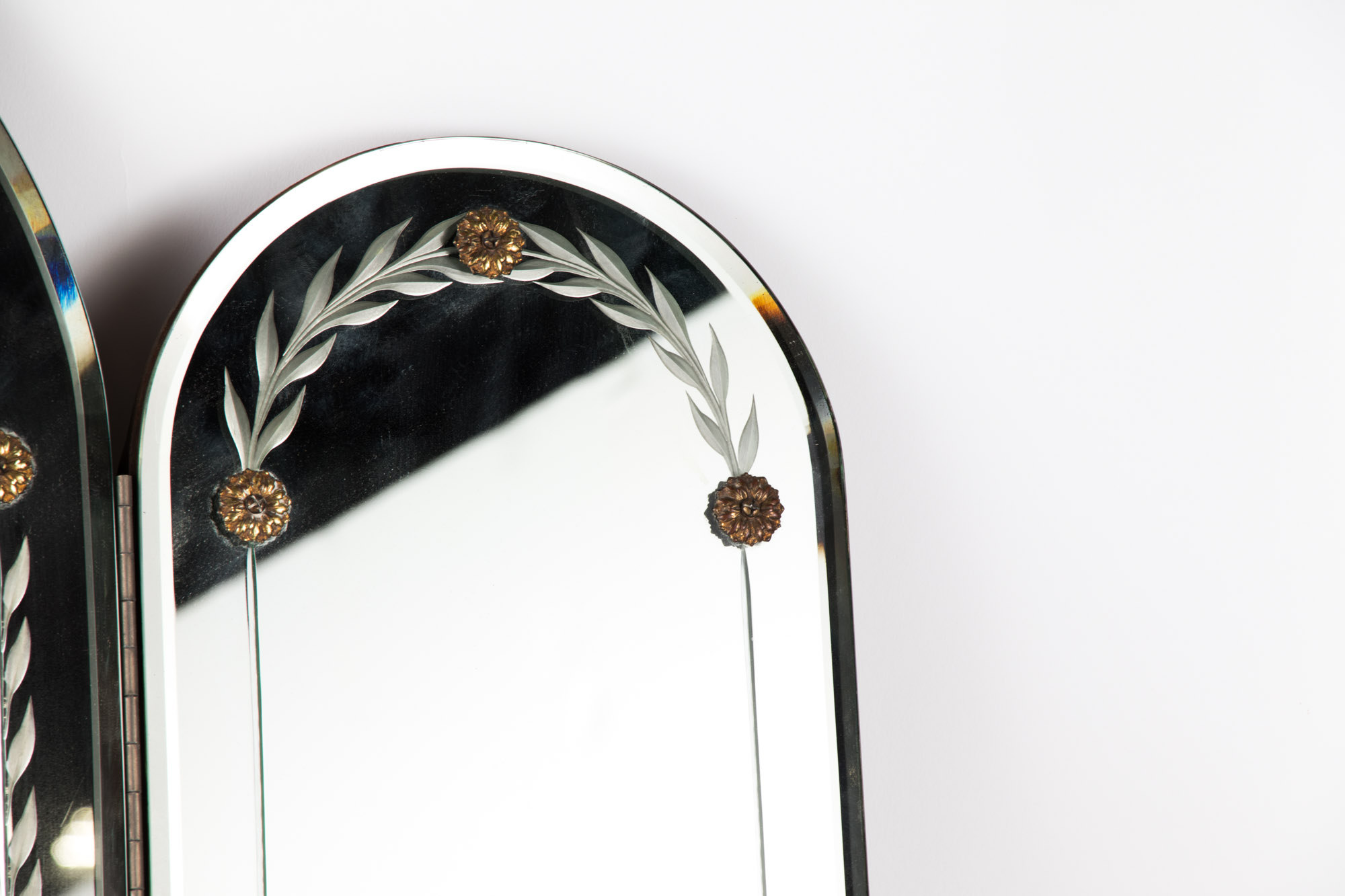 Art Deco Etched Glass Three Section Vanity Mirror, Circa 1940