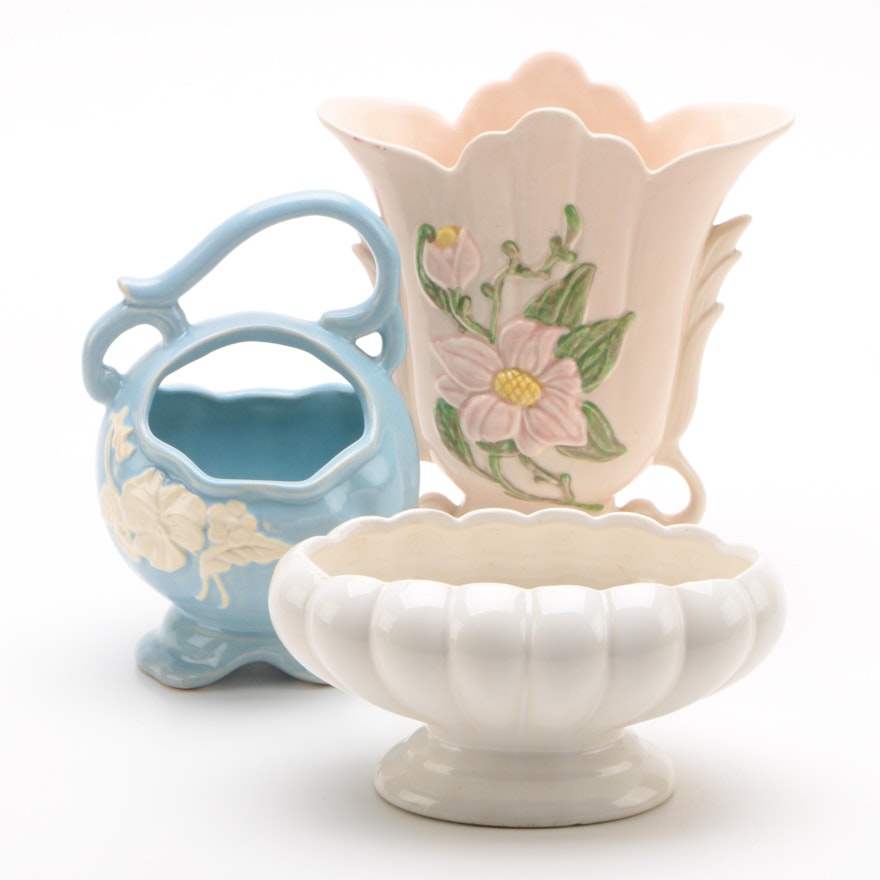 Weller "Cameo" Basket Vase, Hull Art "Magnolia" Vase, and Jardiniere