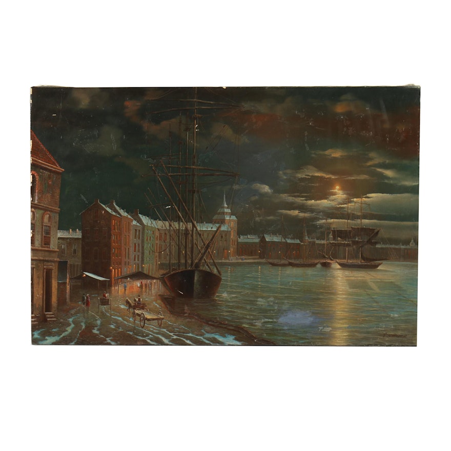 G. Schroter Oil Painting of Nighttime Waterfront Scene