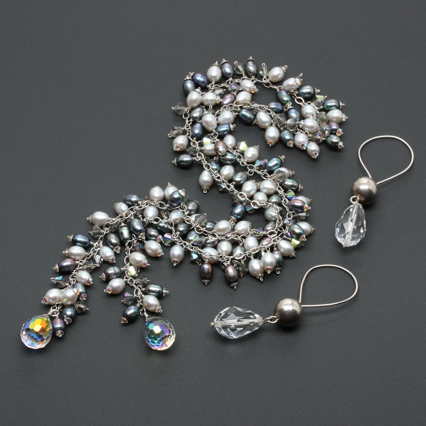 Sterling Silver Pearl and Aurora Borealis Sautoire Necklace and Glass Earrings