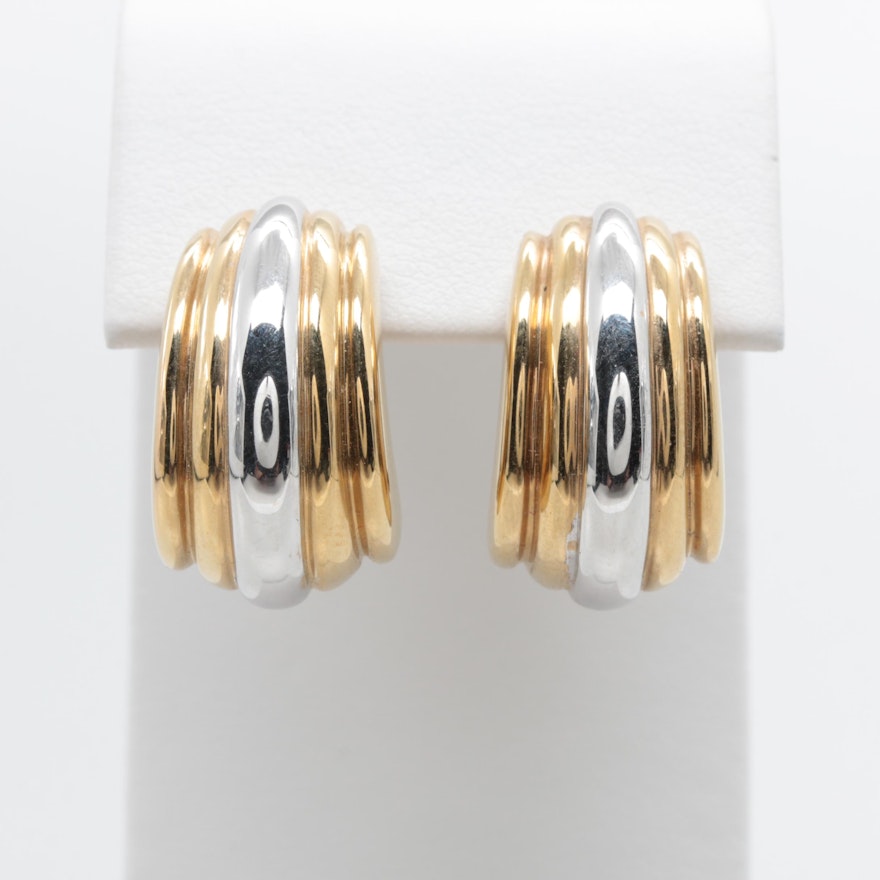 Italian14K Yellow Gold J-Hoop Earrings with White Gold Accents