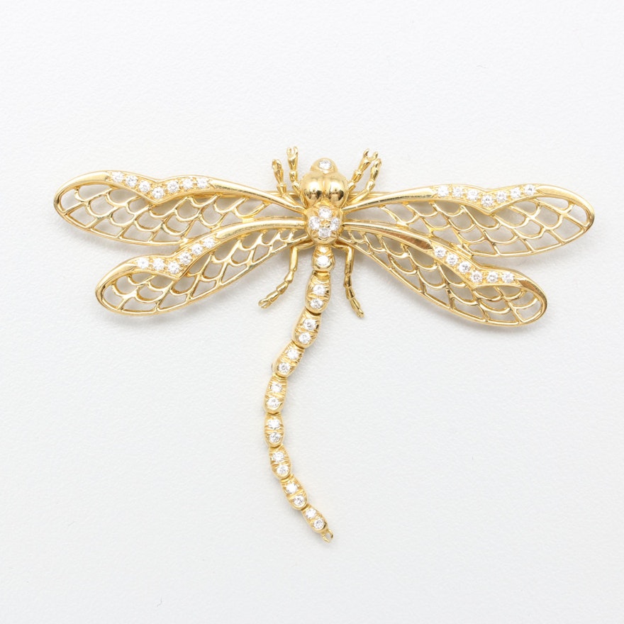 18K Yellow Gold Diamond Articulated Dragonfly Brooch