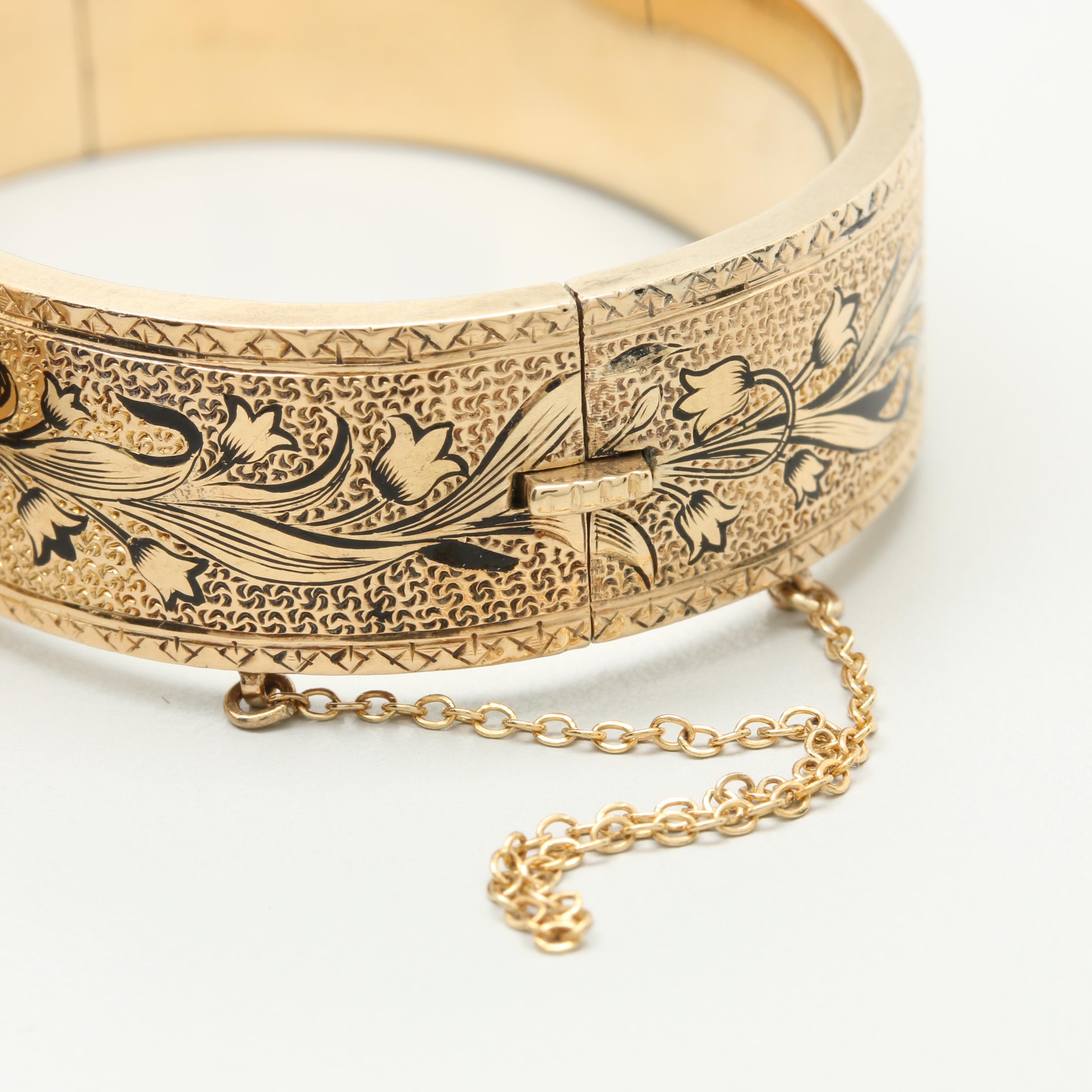 Victorian Gold Tone Taille D'Epargne Enamel Wedding Bangle Bracelet Set