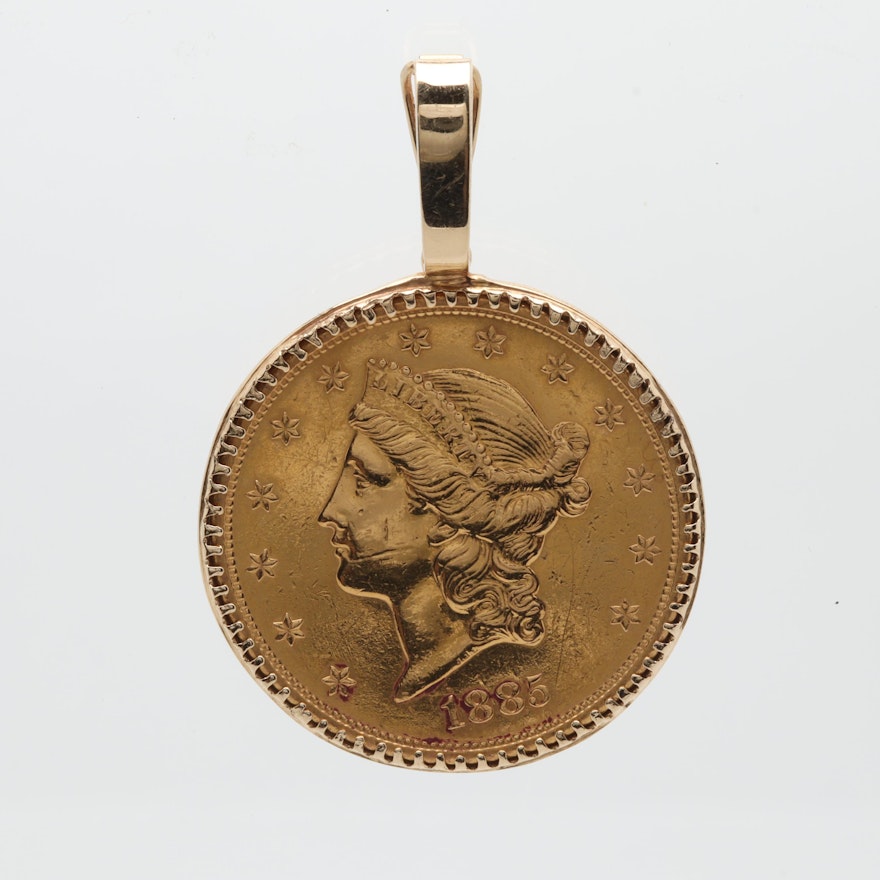 14K Yellow Gold Pendant with 1885-S Liberty Head $20 Gold Coin