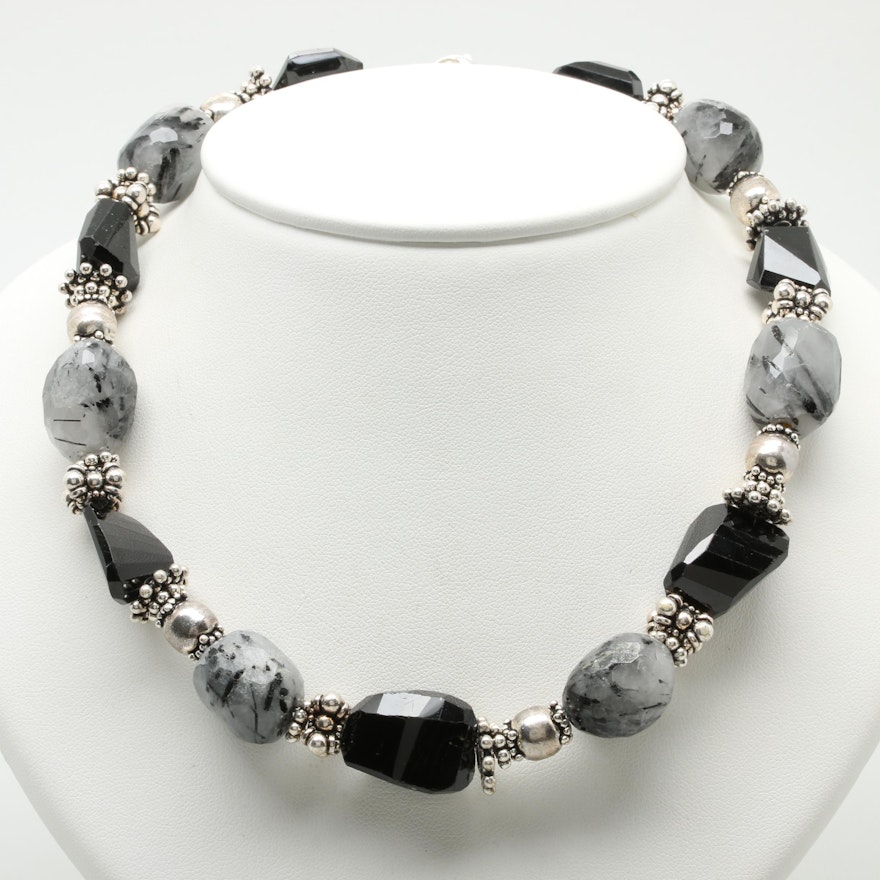 Sterling Silver Tourmalinated Quartz and Black Onyx Beaded Necklace