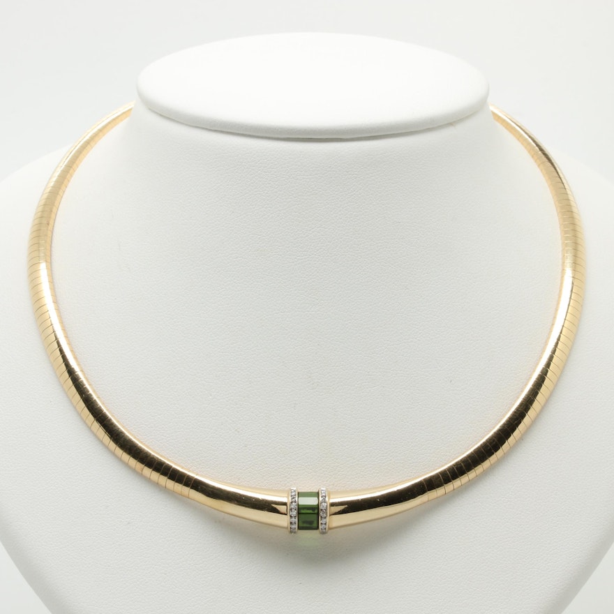 Scott Keating 14K Yellow Gold Tourmaline and Diamond Omega Necklace