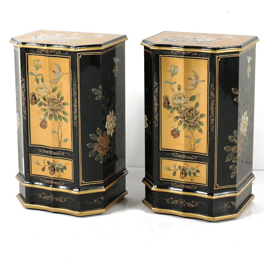 Chinese Black and Gold Floral Motif Lacquered Nightstand Pair