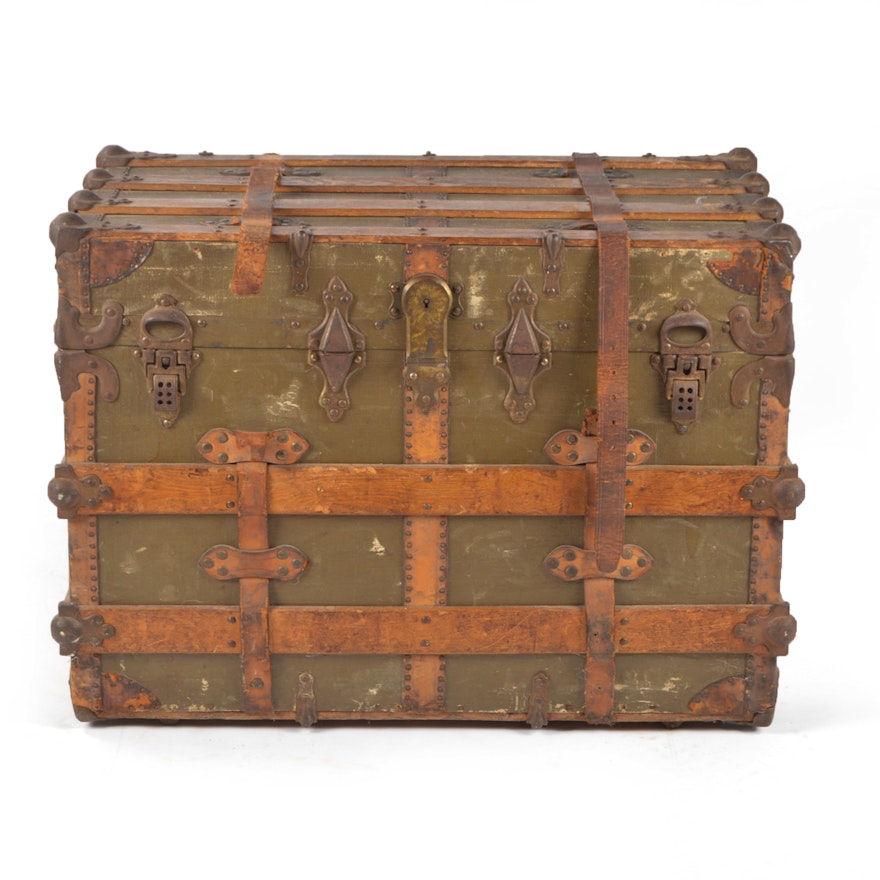 Vintage Olive Green Canvas and Wooden Steamer Trunk