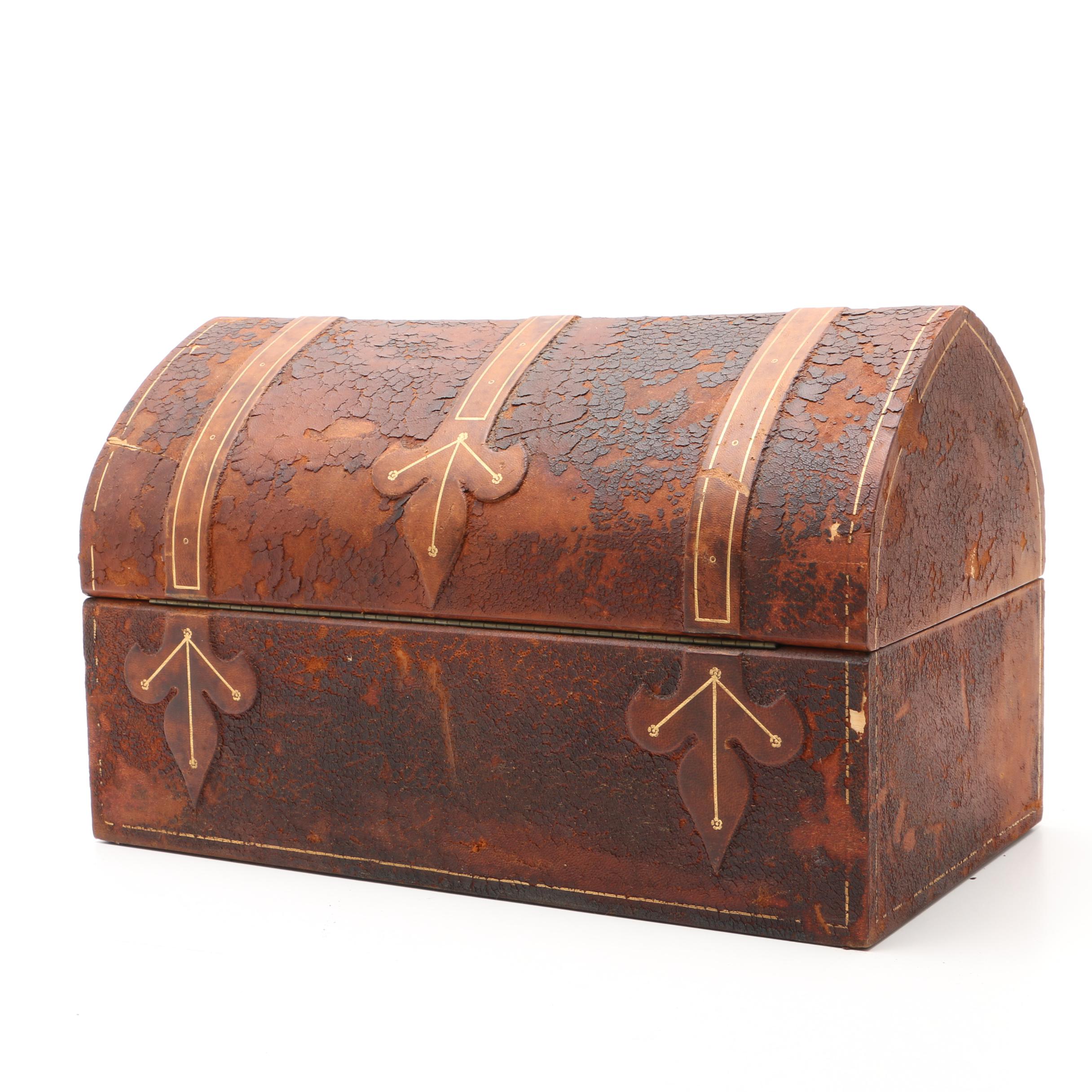 Italian Gilt Tooled Leather Domed Jewelry Casket, 20th Century