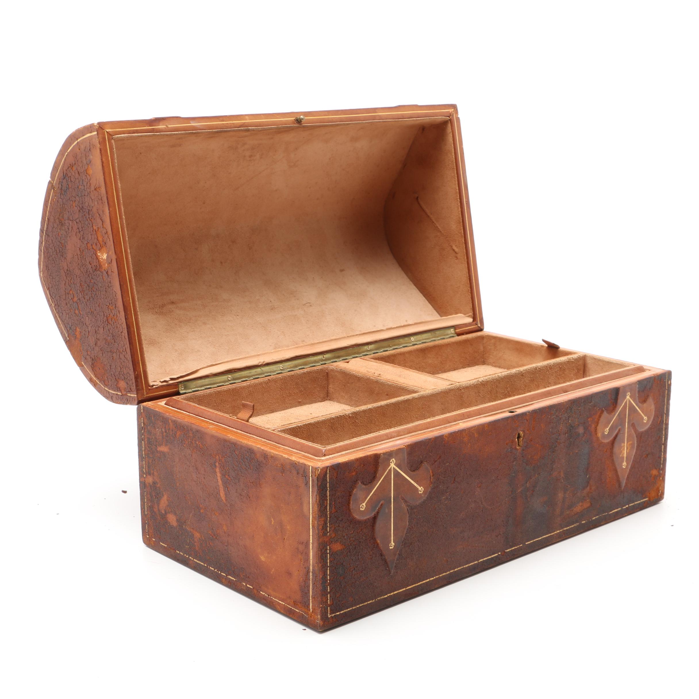 Italian Gilt Tooled Leather Domed Jewelry Casket, 20th Century