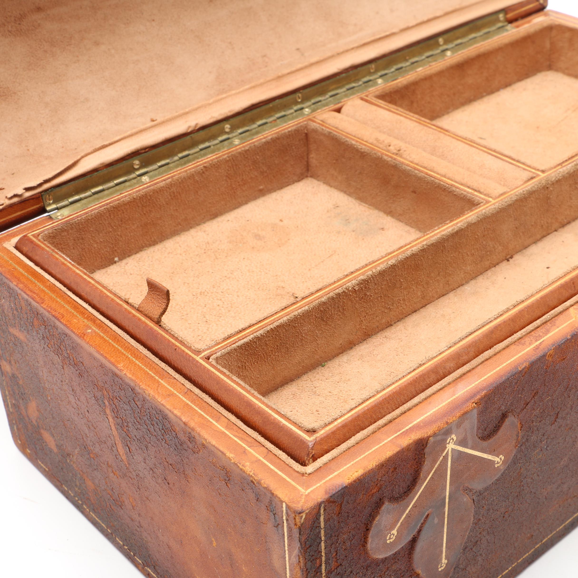 Italian Gilt Tooled Leather Domed Jewelry Casket, 20th Century