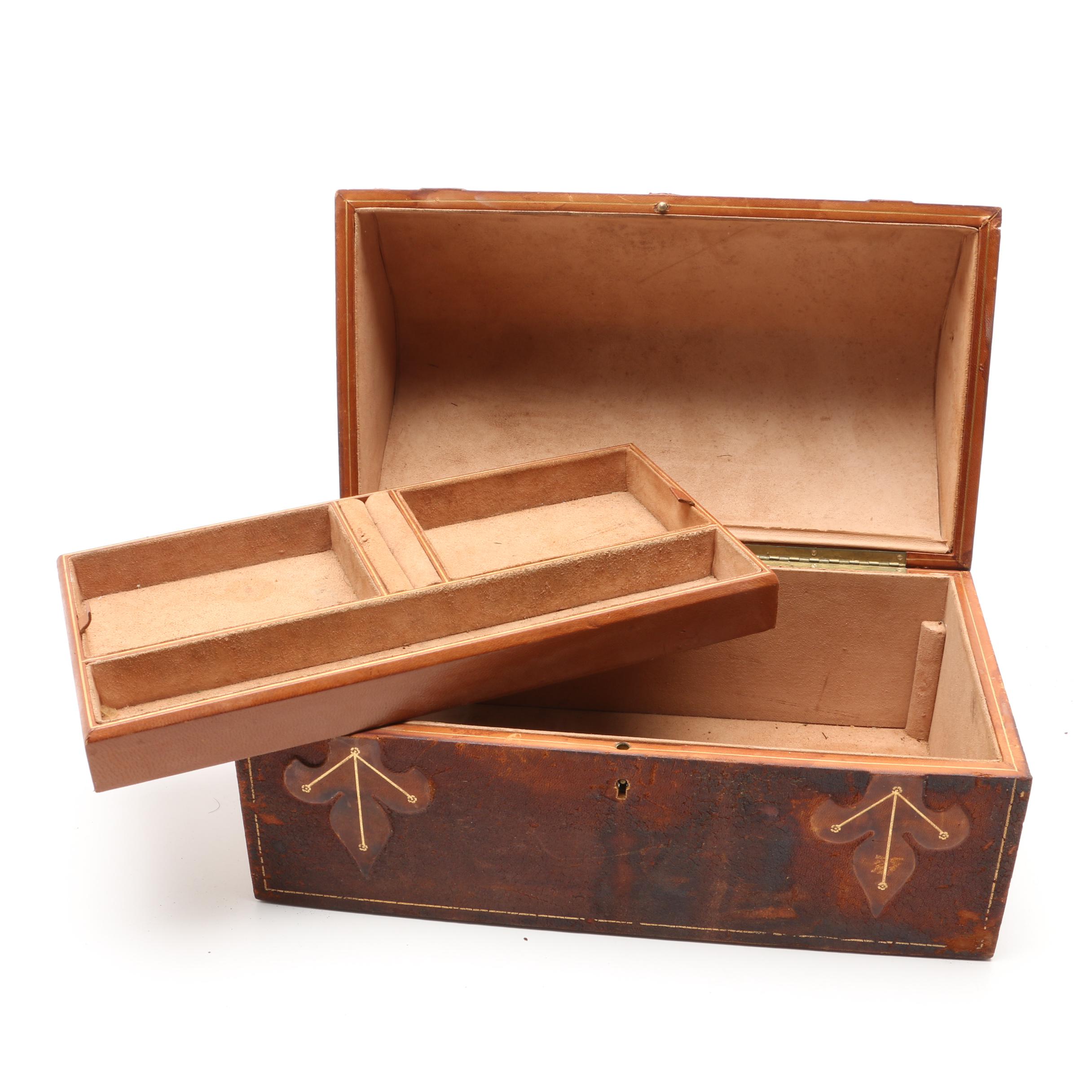 Italian Gilt Tooled Leather Domed Jewelry Casket, 20th Century