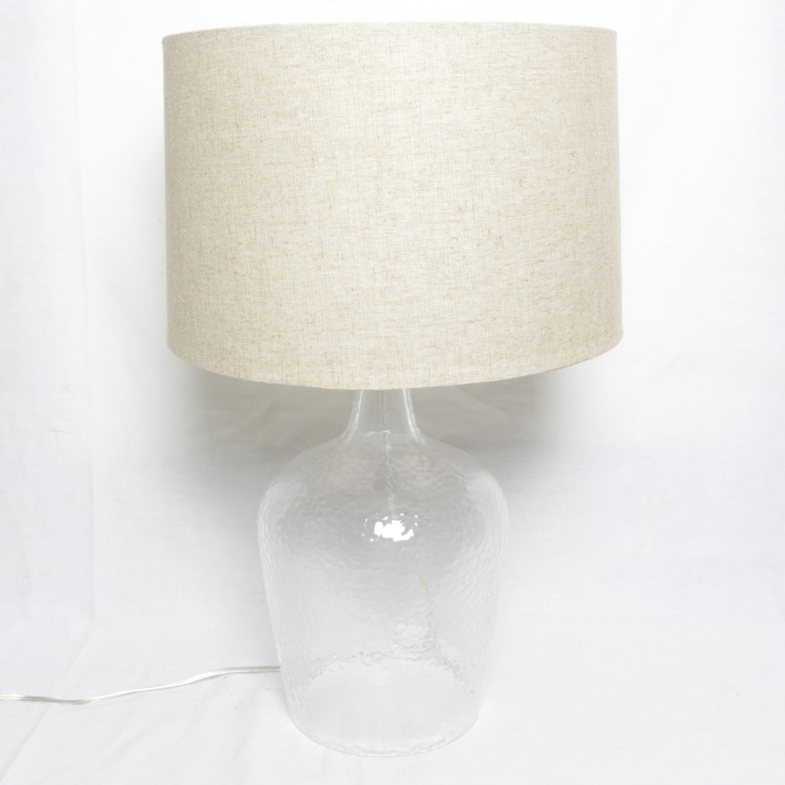 Clear Textured Glass Table Lamp with Tan Fabric Covered Drum Shade