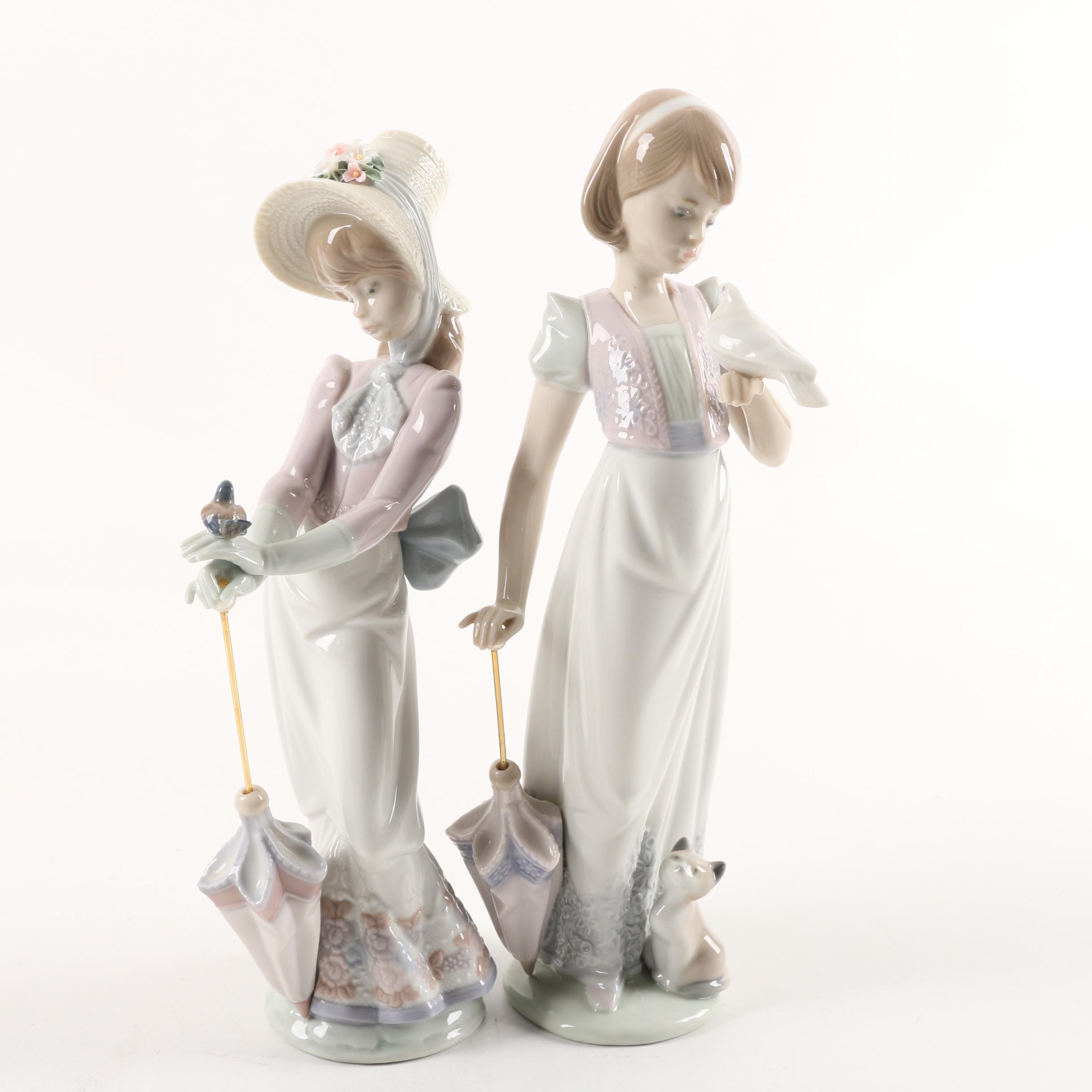 Lladró "Garden Song" and 1991 "Summer Stroll" Hand-Painted Porcelain Figurines