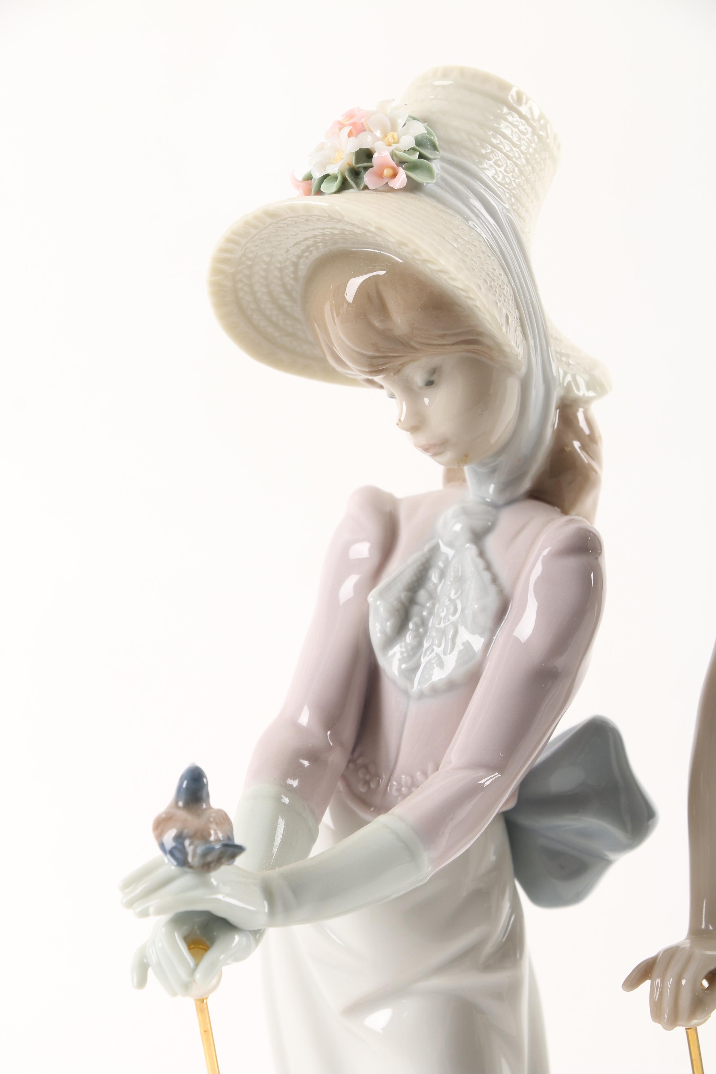 Lladró "Garden Song" and 1991 "Summer Stroll" Hand-Painted Porcelain Figurines