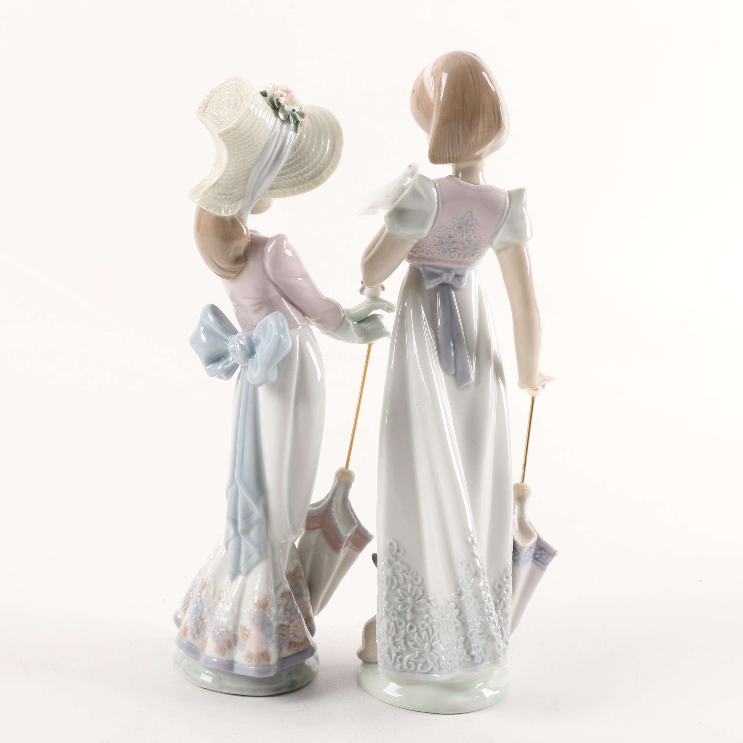 Lladró "Garden Song" and 1991 "Summer Stroll" Hand-Painted Porcelain Figurines