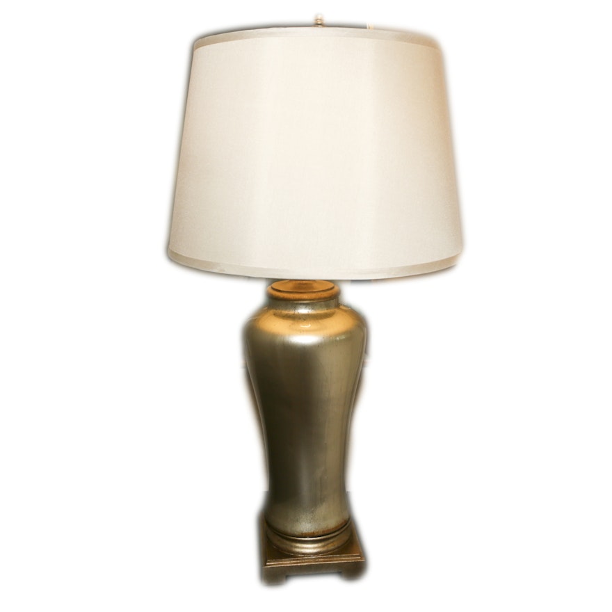 Silver Metallic Glazed Ceramic Urn Table Lamp with Fabric Covered Drum Shade