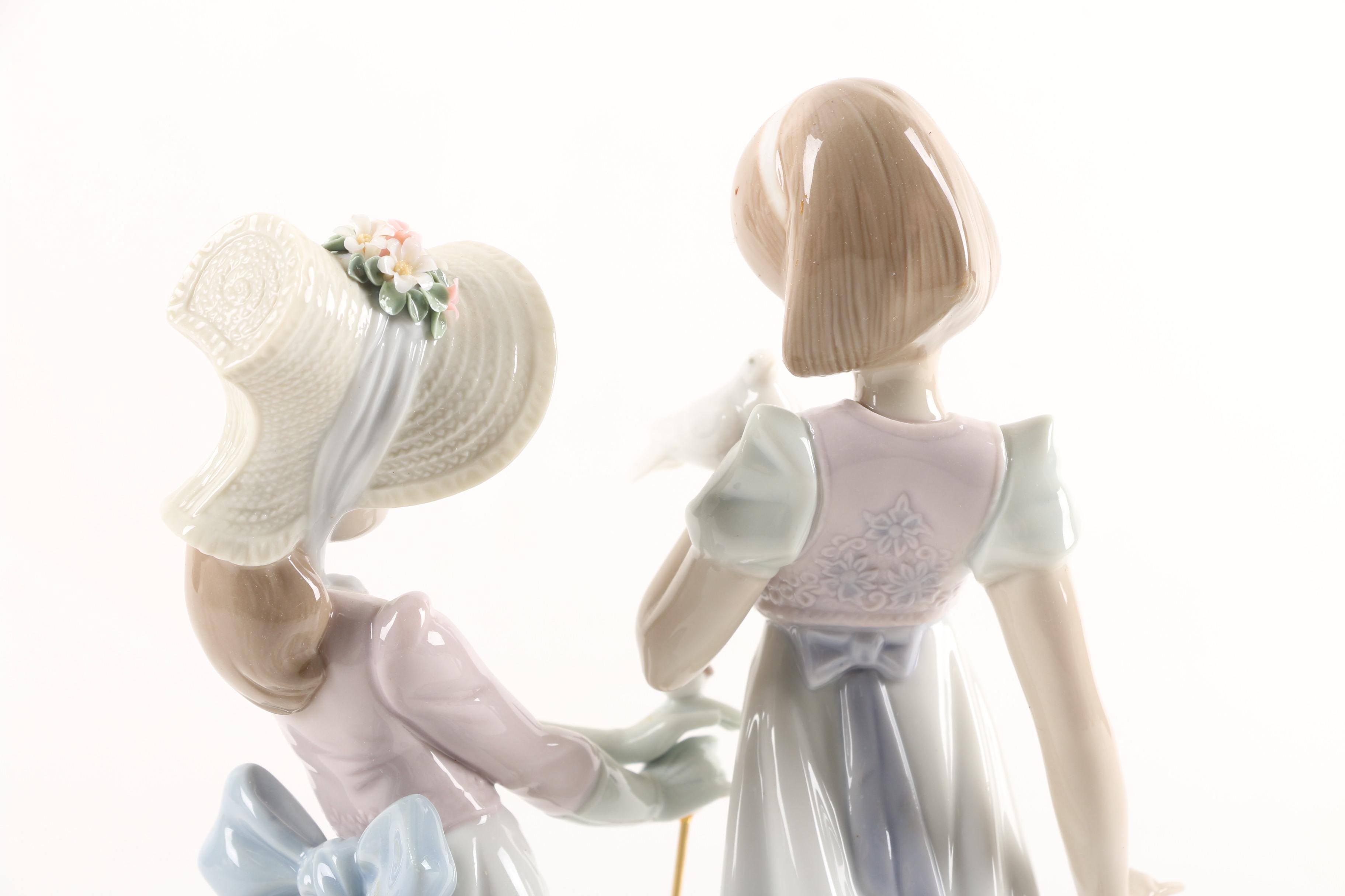 Lladró "Garden Song" and 1991 "Summer Stroll" Hand-Painted Porcelain Figurines