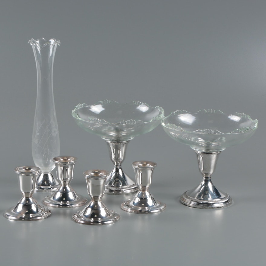 Duchin Creation Weighted Sterling Candleholders and Bud Vase with Compotes