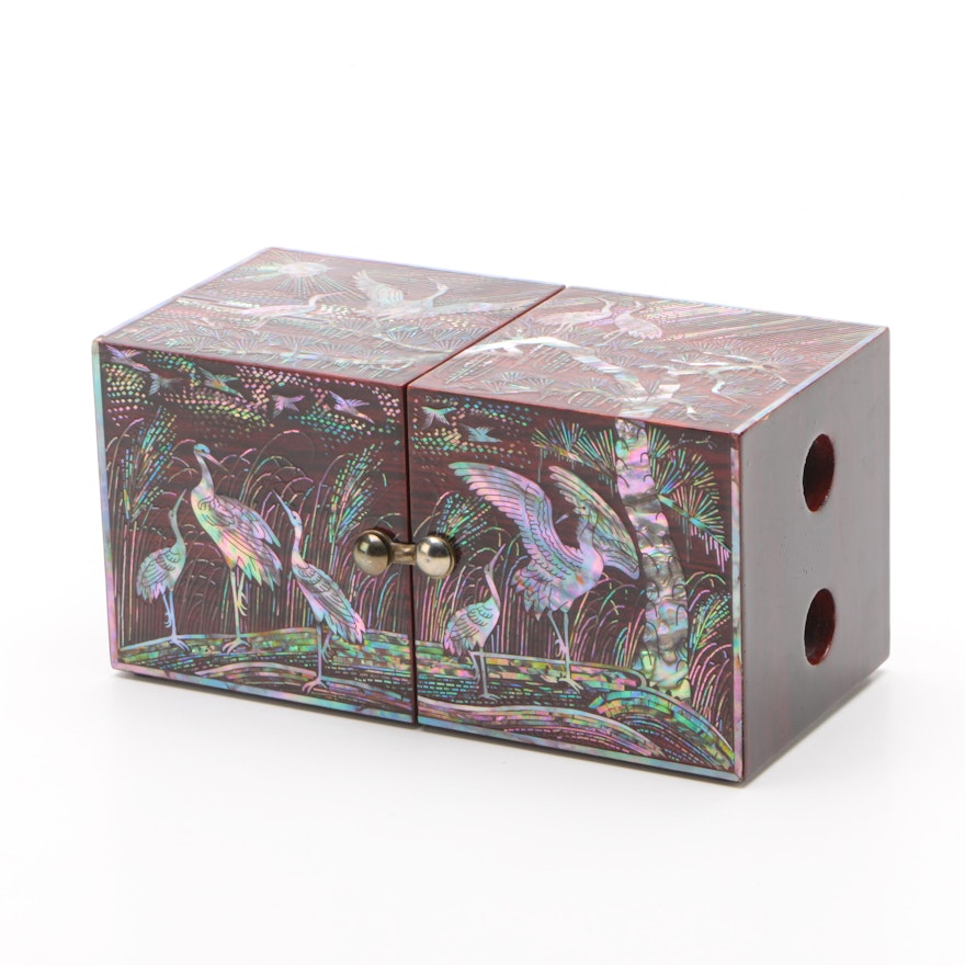 Vintage Cubed Jewelry Box Featuring Abalone Inlay in Asian Motif