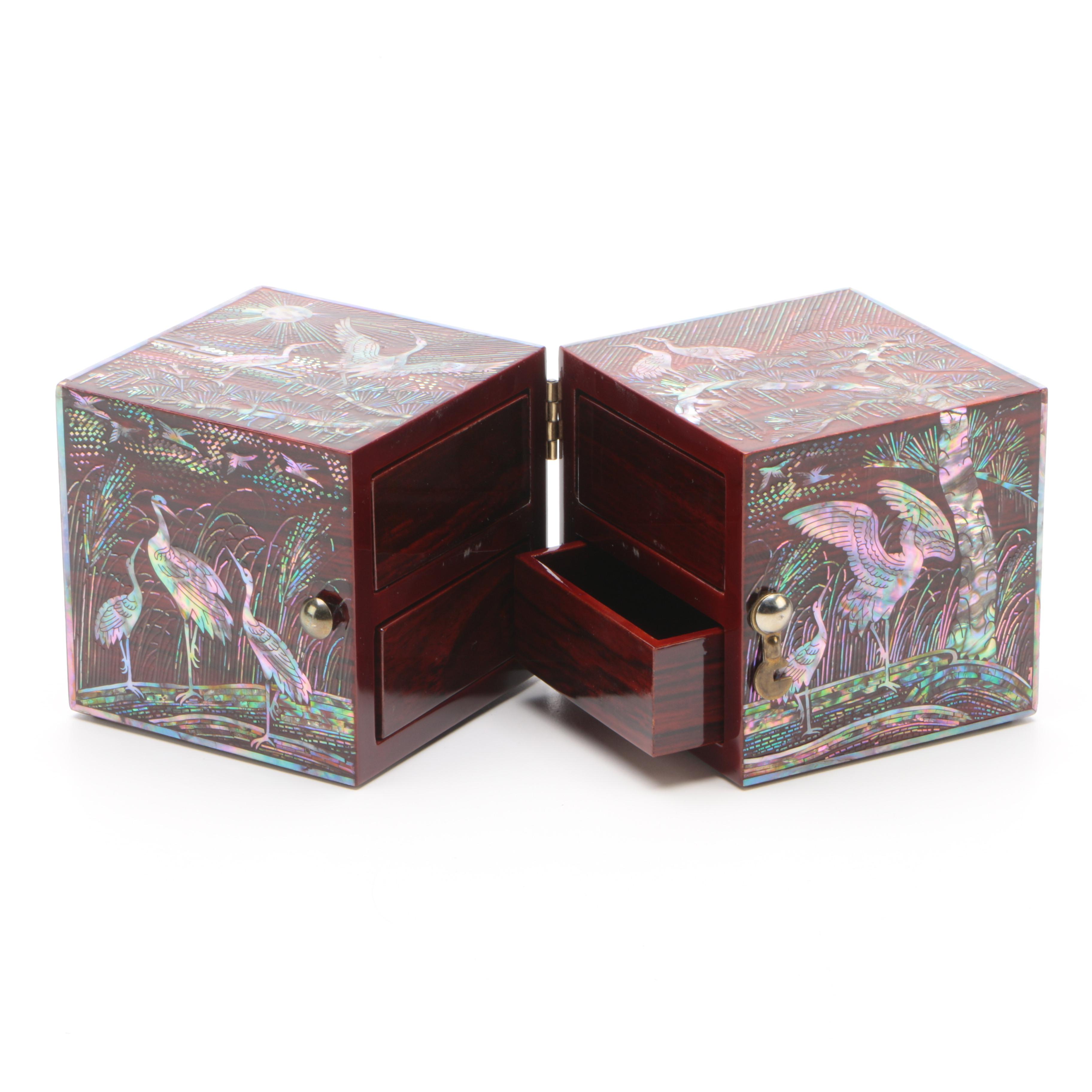 Vintage Cubed Jewelry Box Featuring Abalone Inlay in Asian Motif