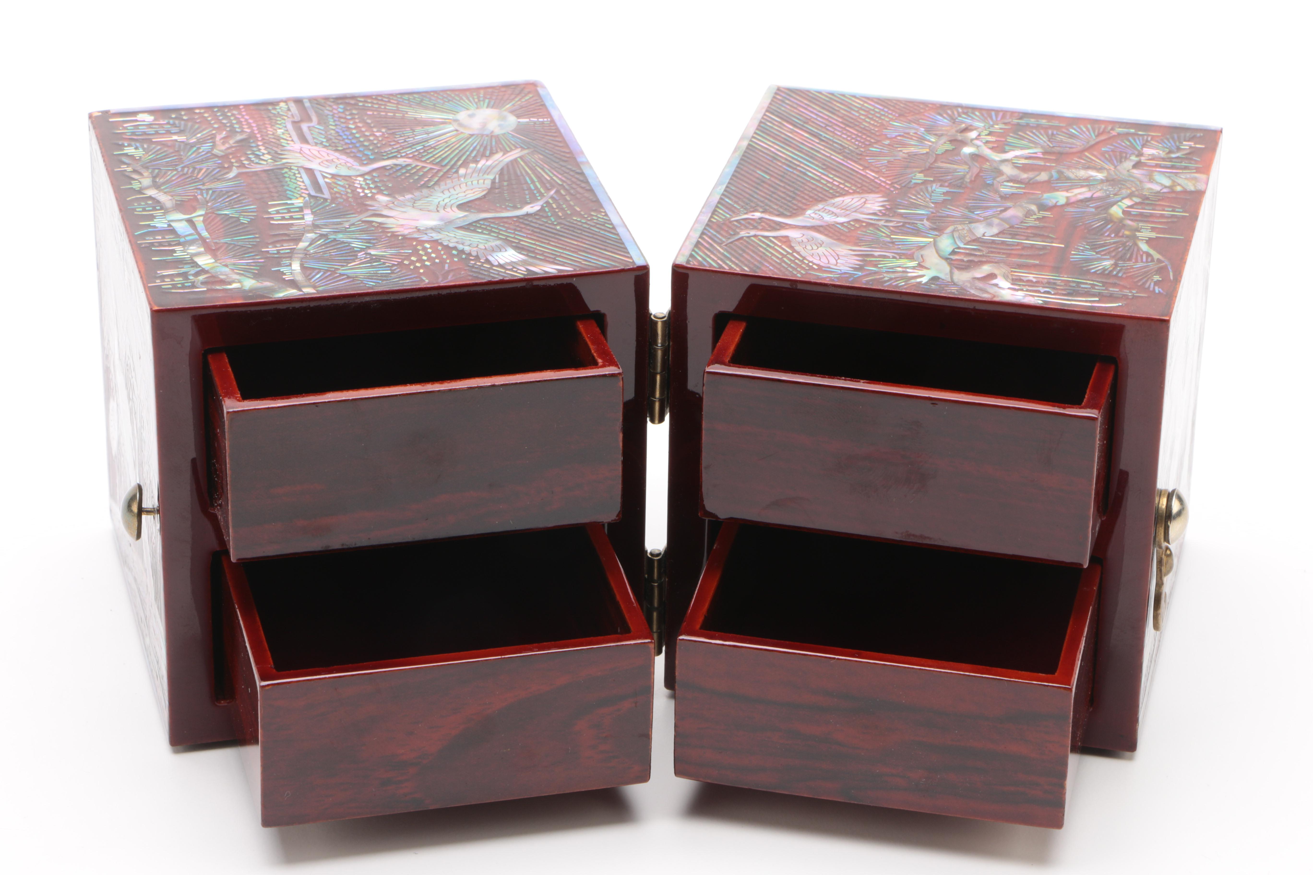 Vintage Cubed Jewelry Box Featuring Abalone Inlay in Asian Motif