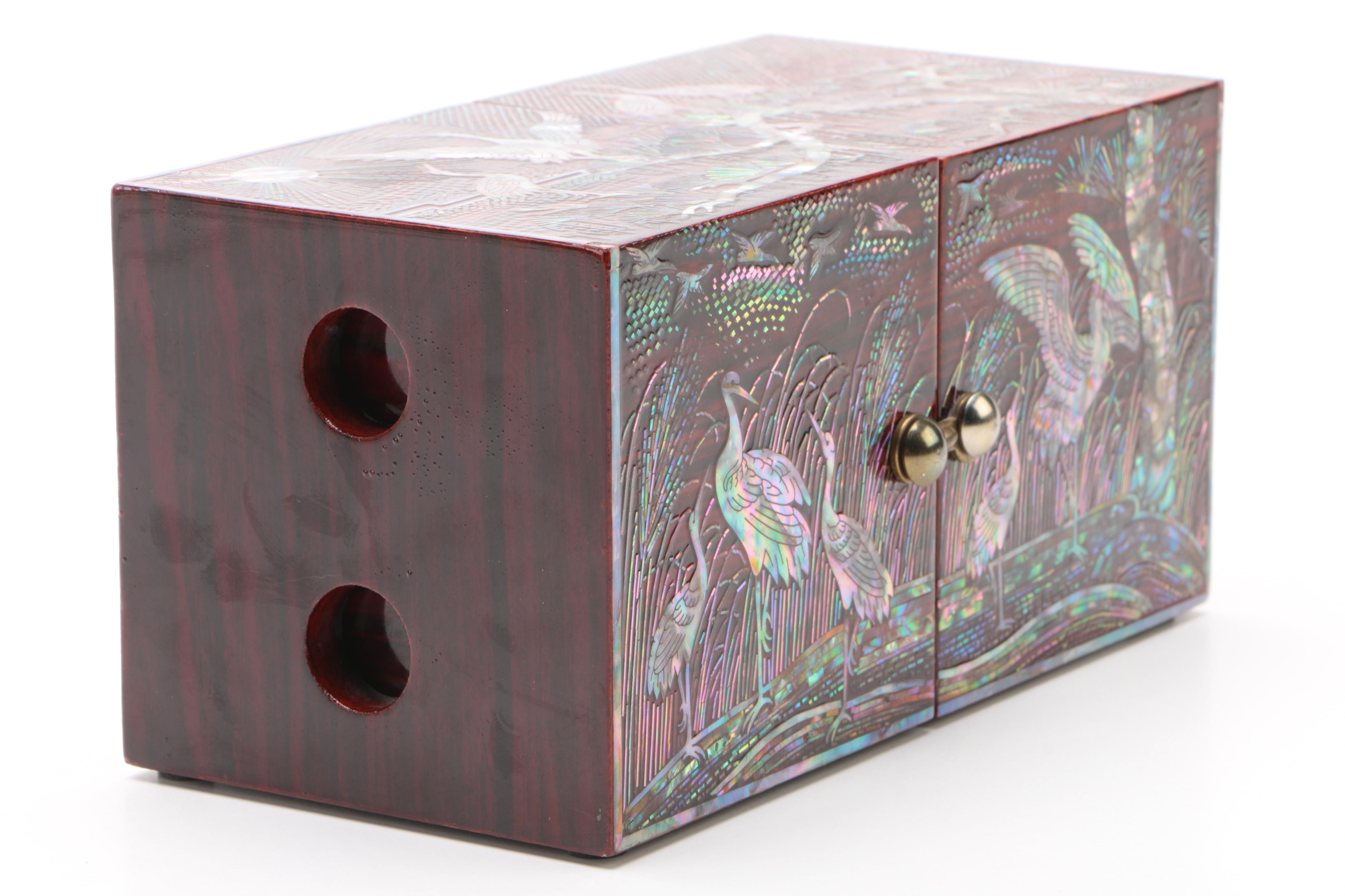 Vintage Cubed Jewelry Box Featuring Abalone Inlay in Asian Motif