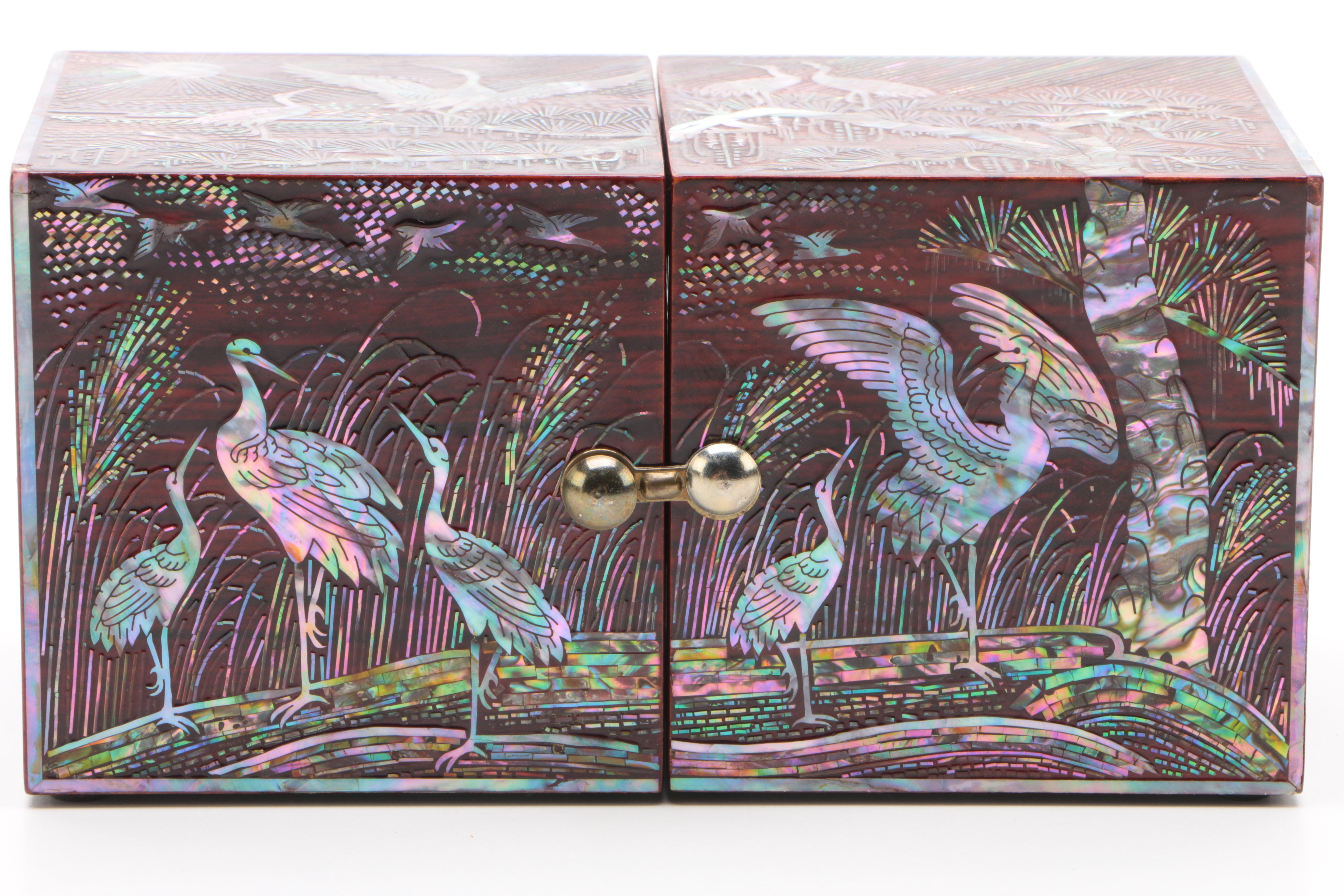 Vintage Cubed Jewelry Box Featuring Abalone Inlay in Asian Motif