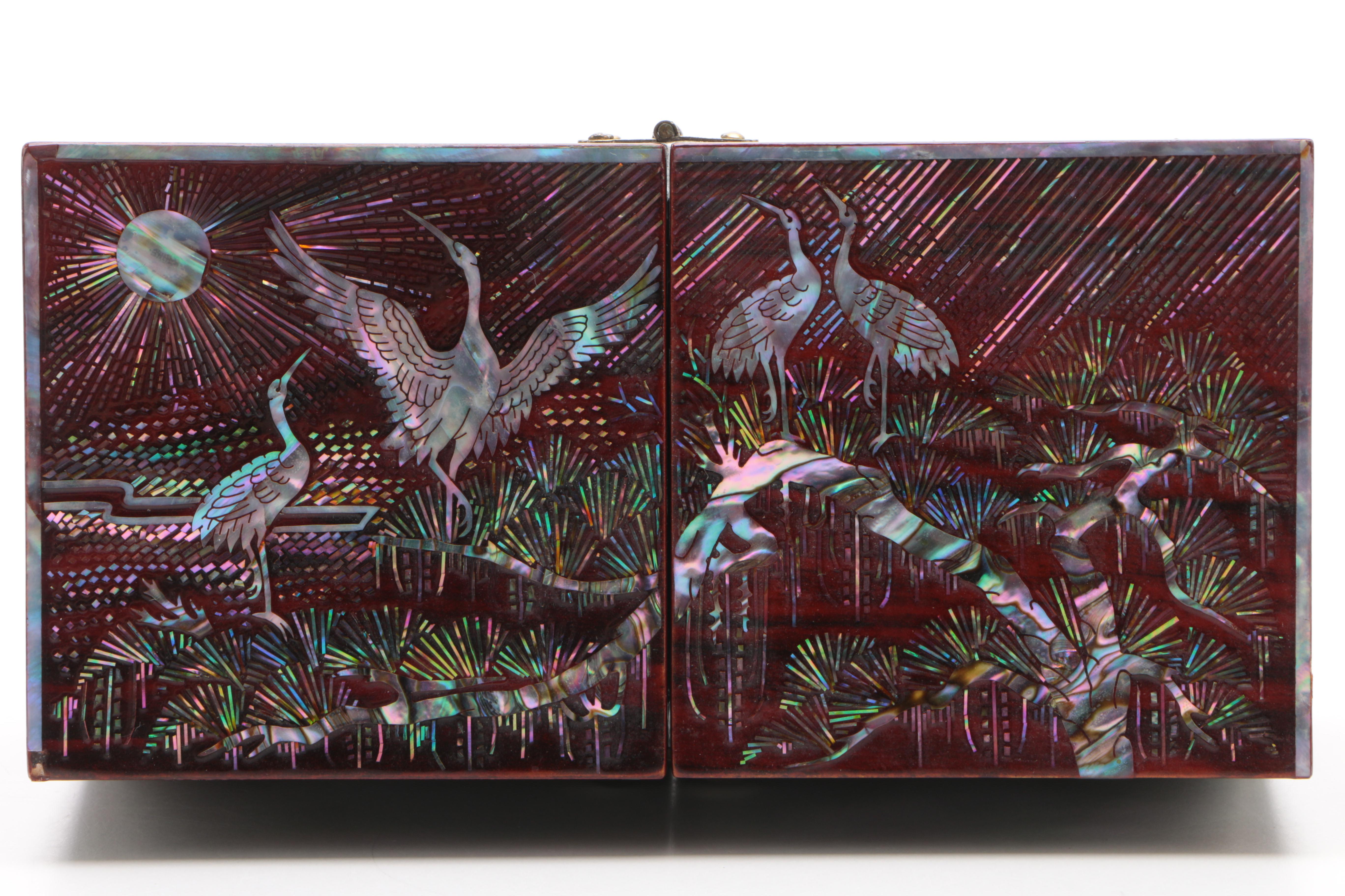 Vintage Cubed Jewelry Box Featuring Abalone Inlay in Asian Motif