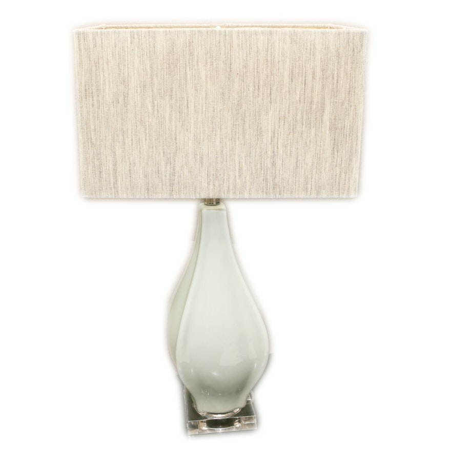 White Ceramic Table Lamp with Acrylic Base and Tan Fabric Rectangular Shade