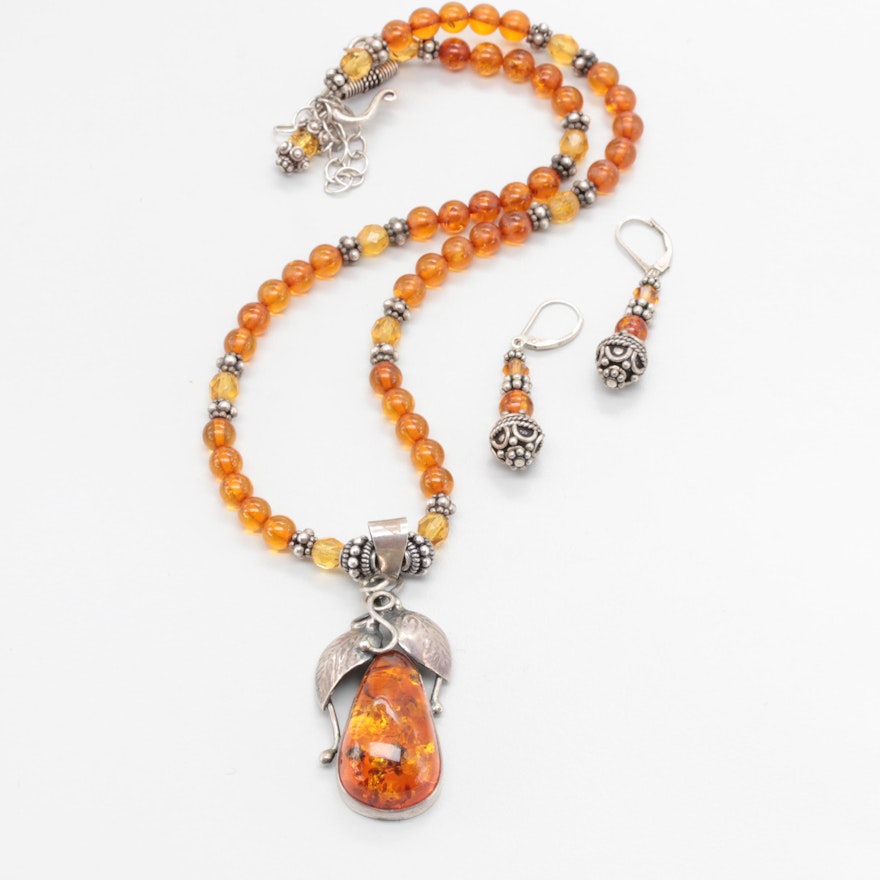 Sterling Silver Amber and Glass Necklace and Earrings