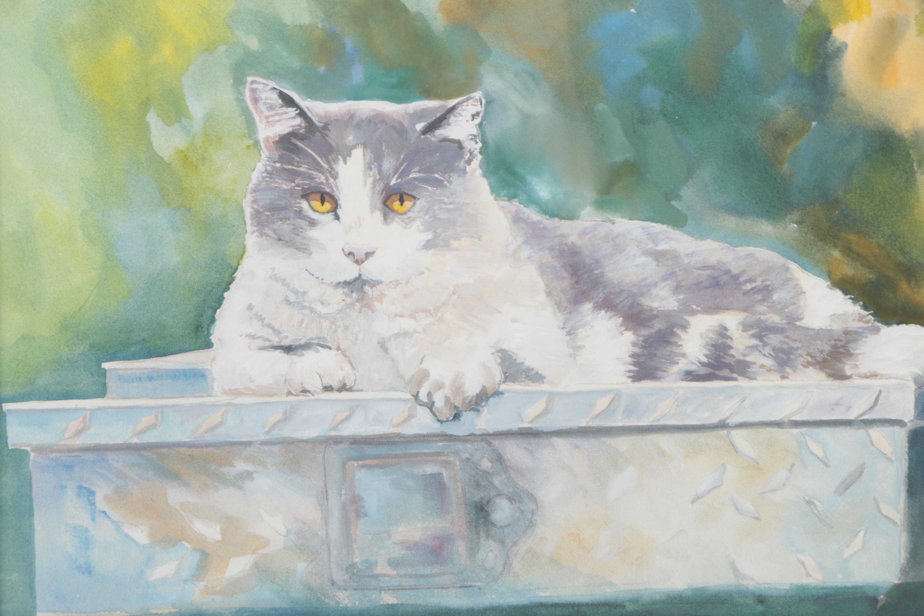 Carroll W. Rivers Watercolor and Gouache Painting "Truck Driving Cat"