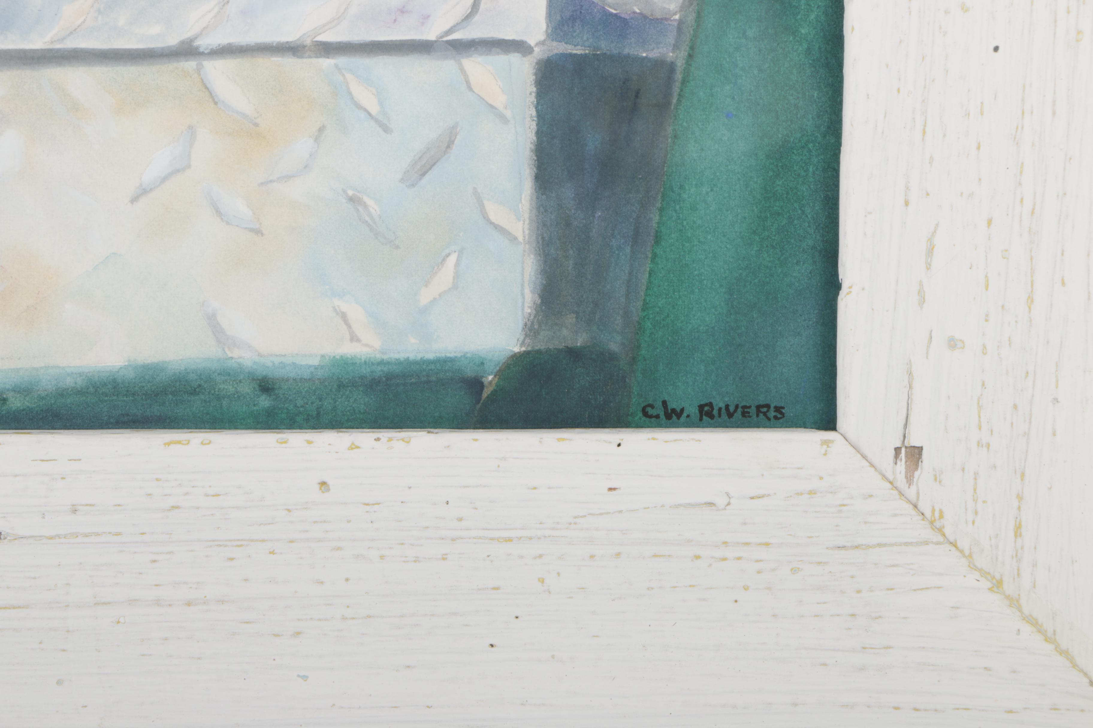 Carroll W. Rivers Watercolor and Gouache Painting "Truck Driving Cat"