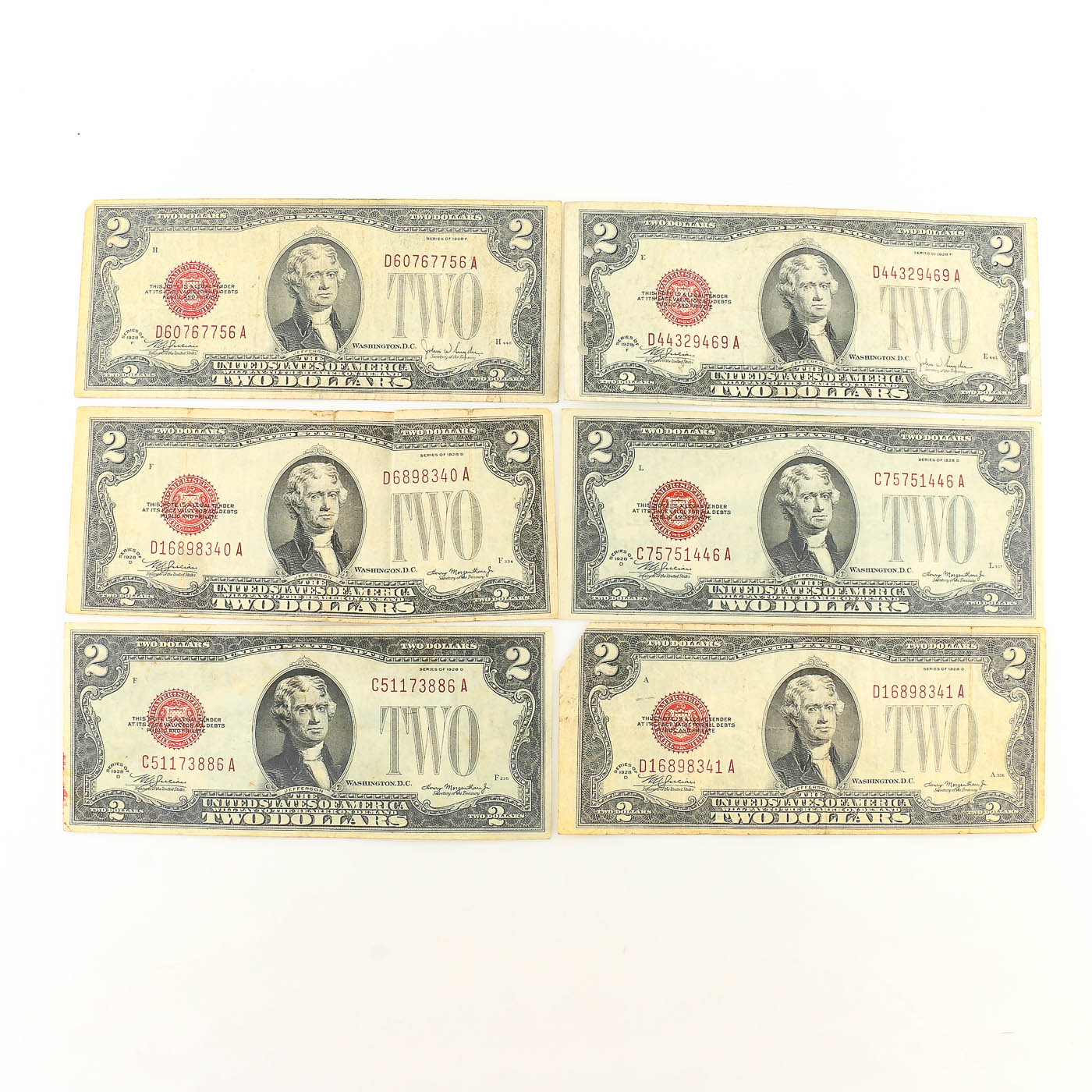 Six $2 Red Seal United States Notes from 1928
