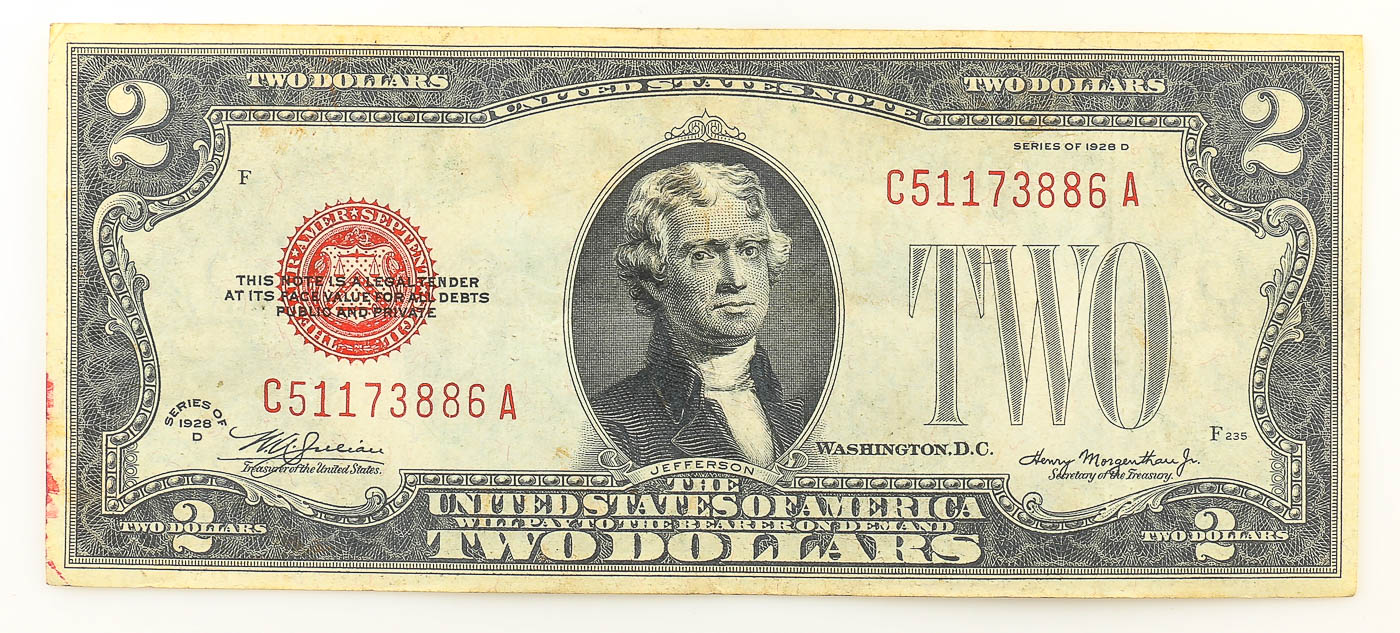Six $2 Red Seal United States Notes from 1928