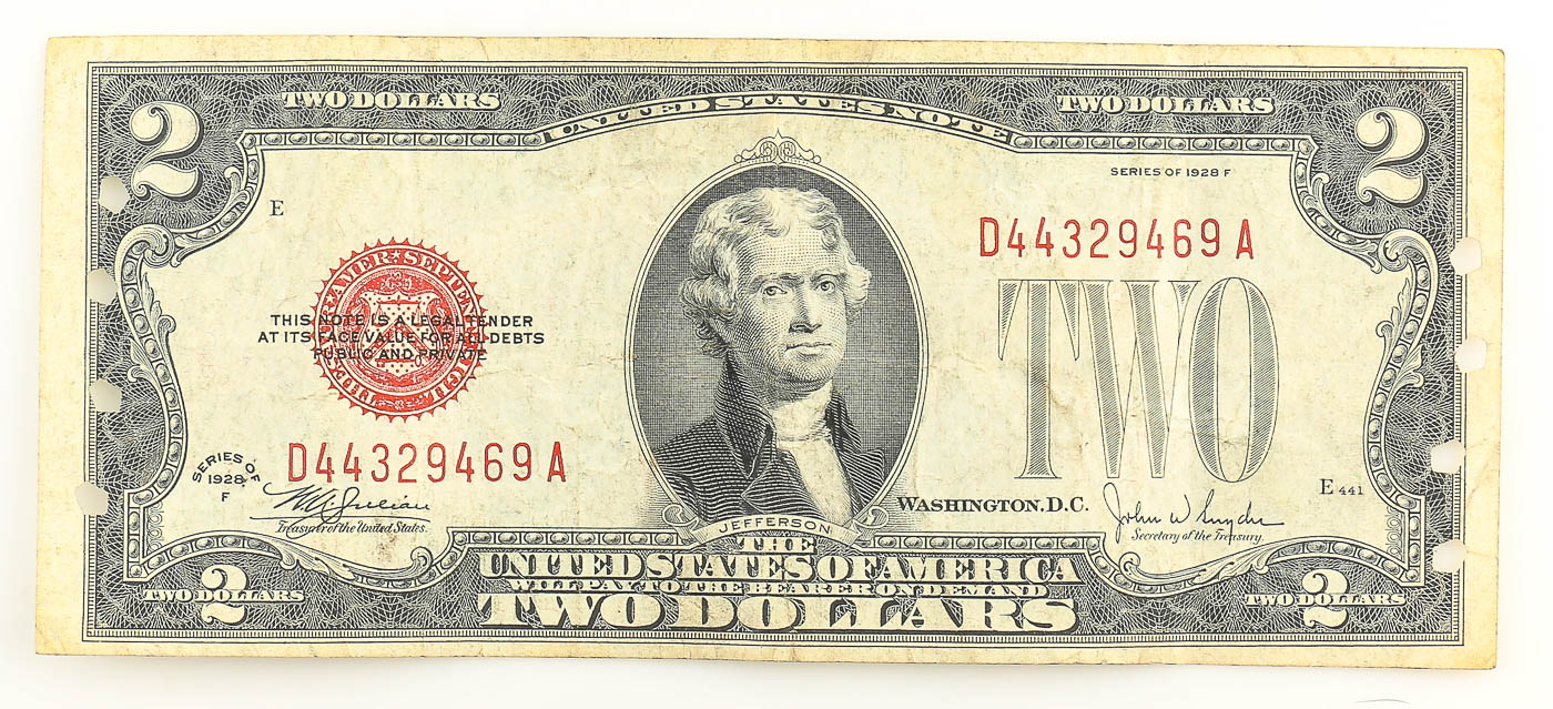 Six $2 Red Seal United States Notes from 1928