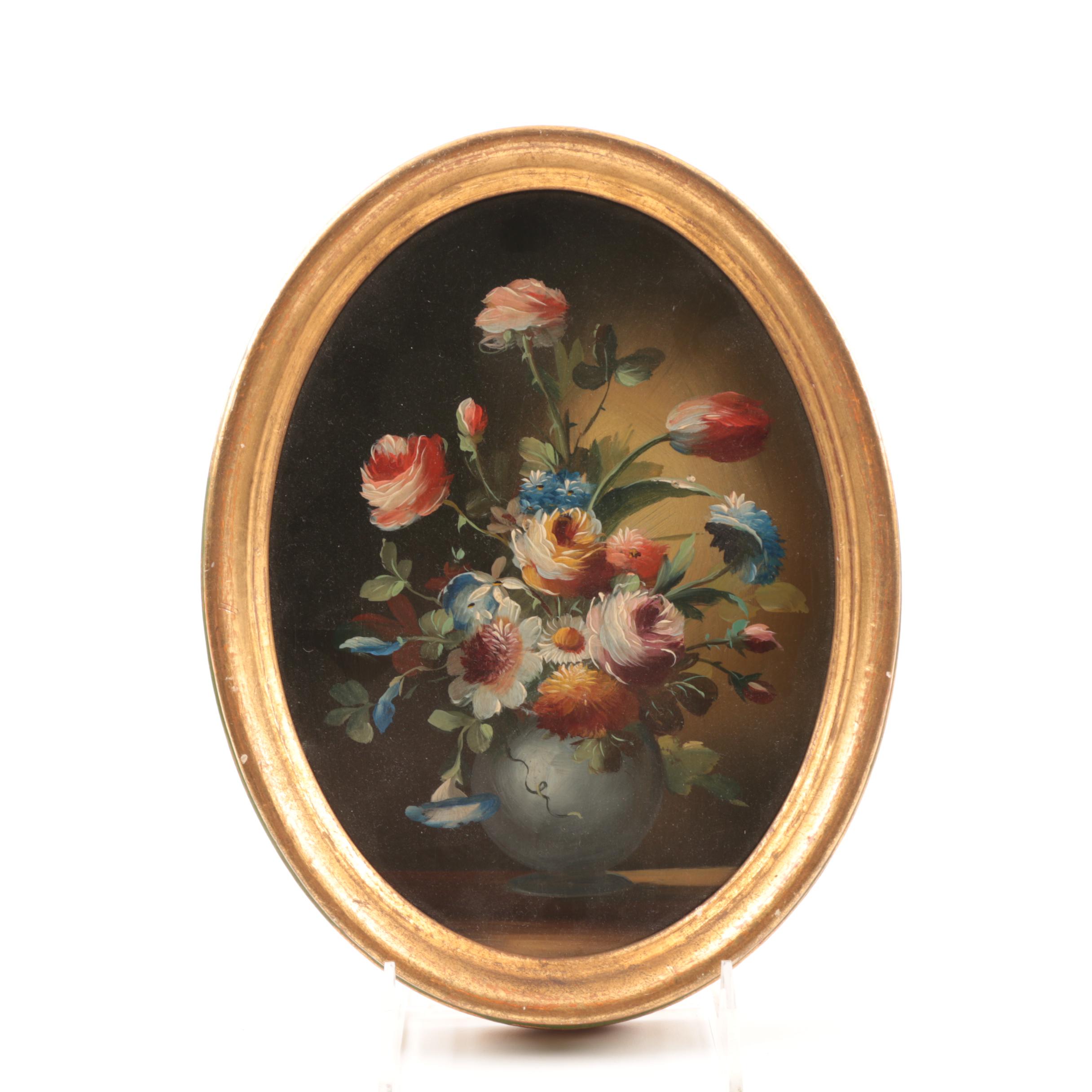 Pair of Italian Oval Floral Still Life Paintings, 20th Century