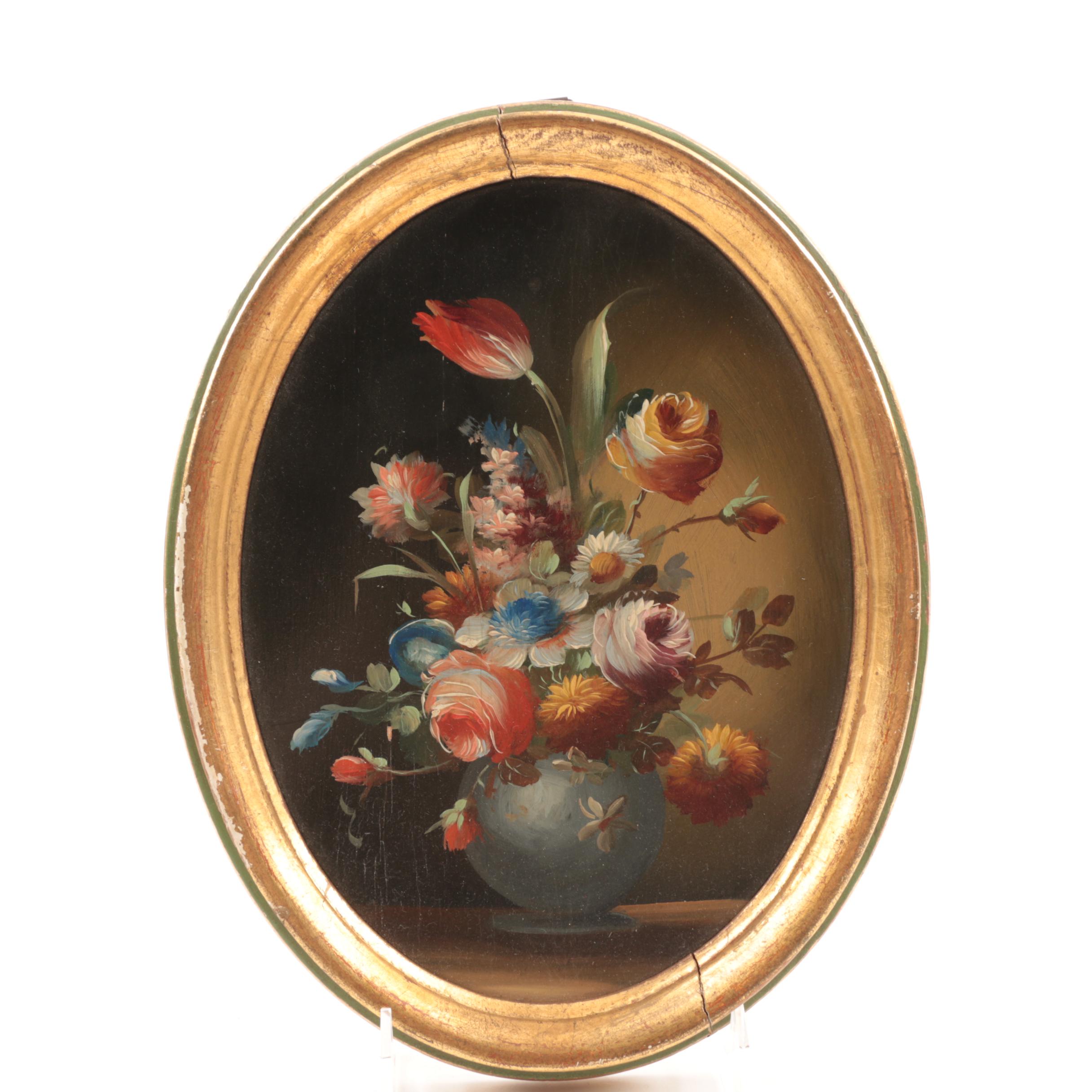 Pair of Italian Oval Floral Still Life Paintings, 20th Century