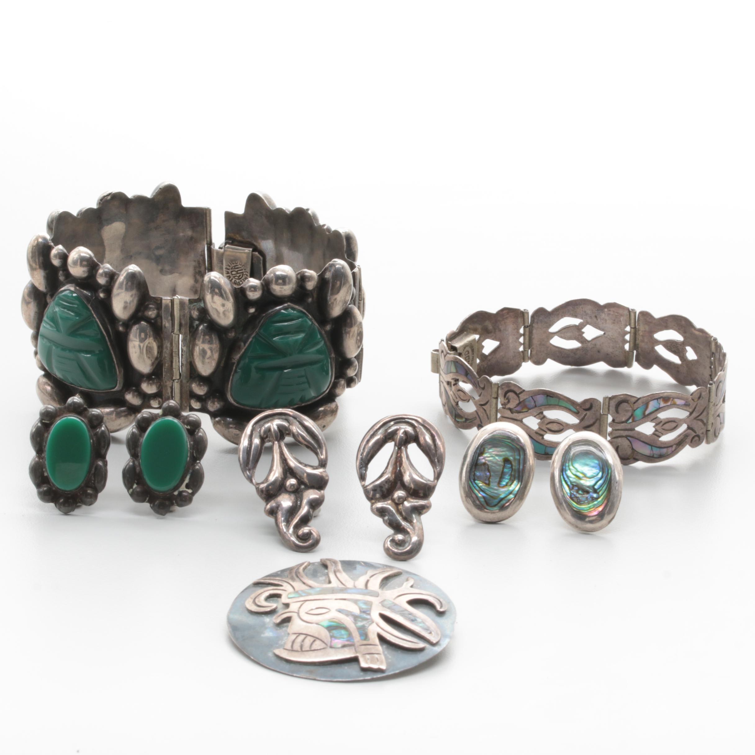 Assortment of Vintage Sterling Silver Abalone and Green Glass Jewelry