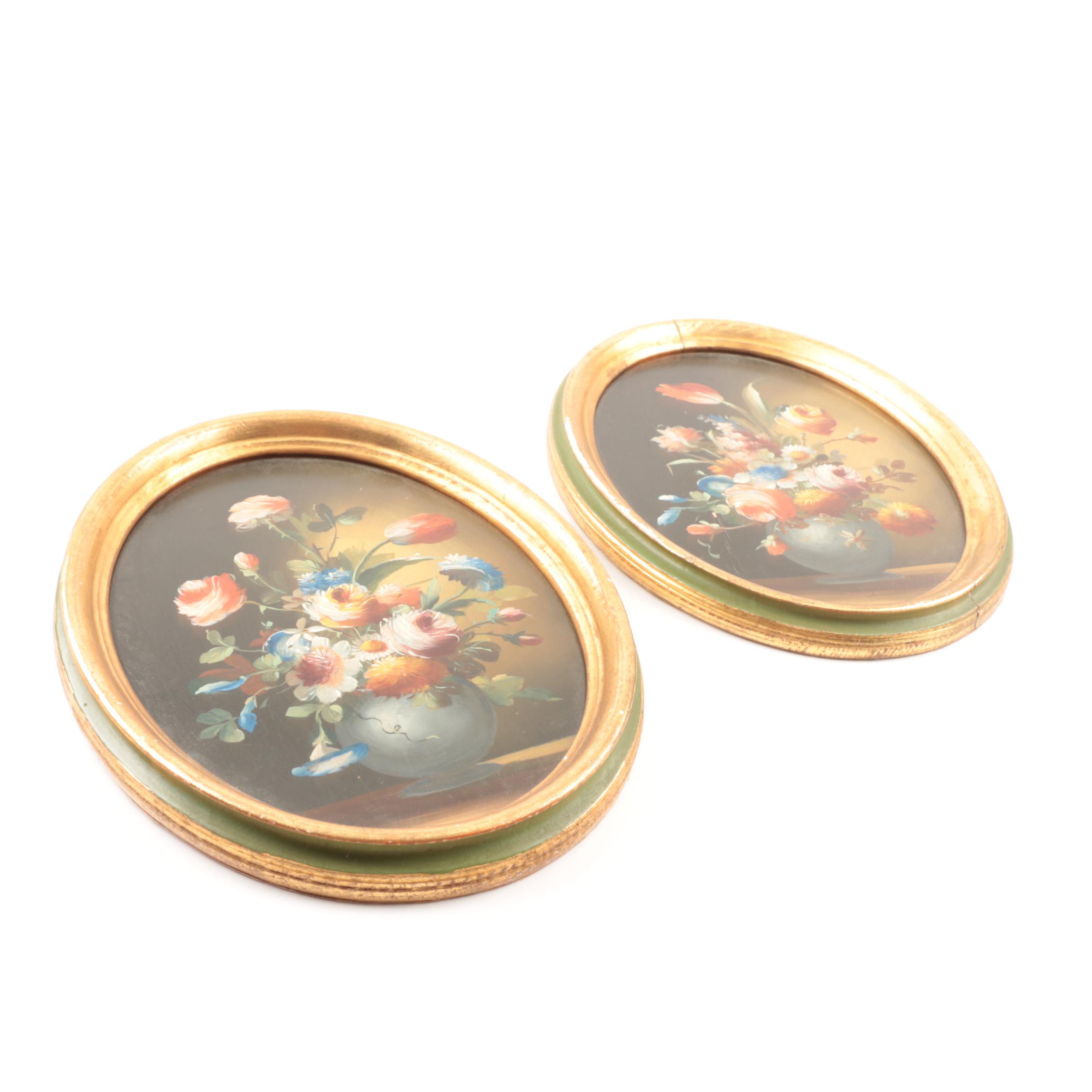 Pair of Italian Oval Floral Still Life Paintings, 20th Century