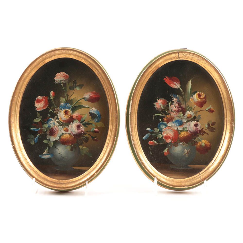 Pair of Italian Oval Floral Still Life Paintings, 20th Century