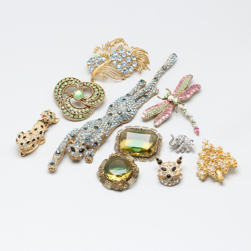 Animal Themed Brooch Collection Including Eisenberg Christmas Tree Brooch