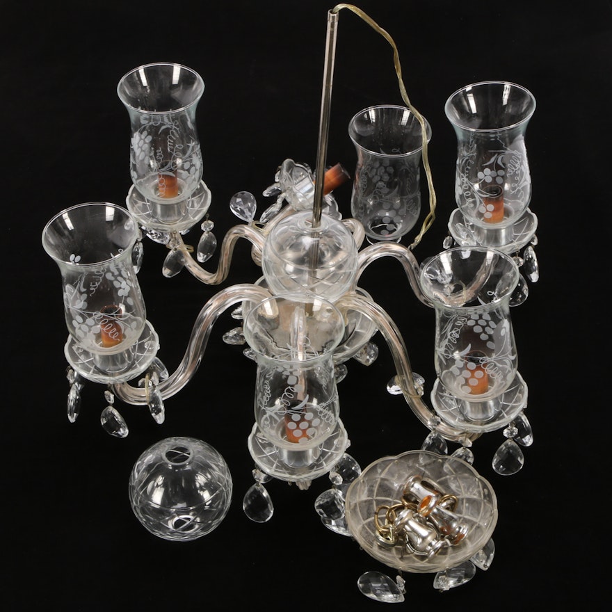 Vintage Six Arm Chandelier with Cut Glass Prisms and Etched Glass Shades